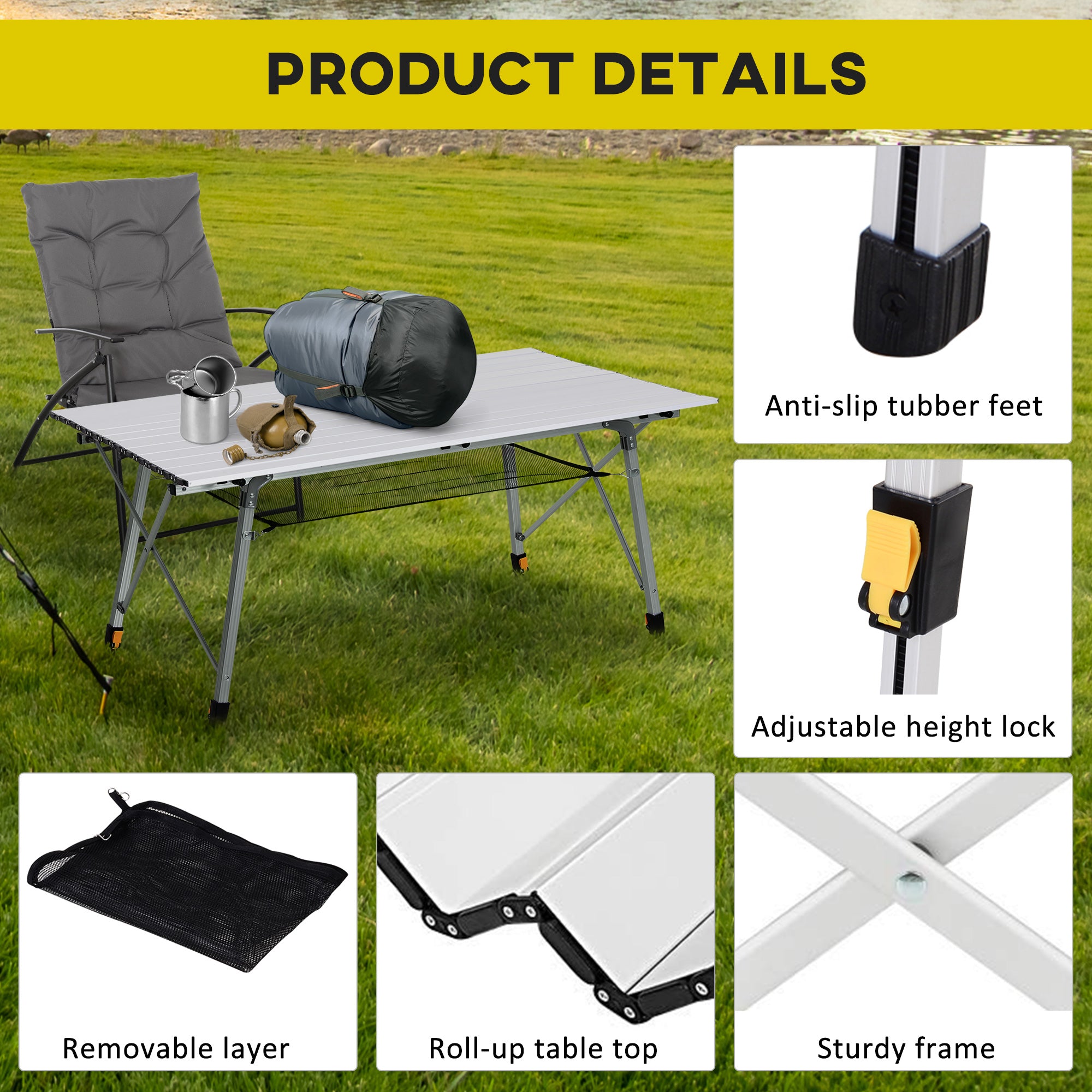 Kozy 4FT Folding Aluminium Picnic Table Portable Camping BBQ Table Roll Up Top Mesh Layer Rack with Carrying Bag