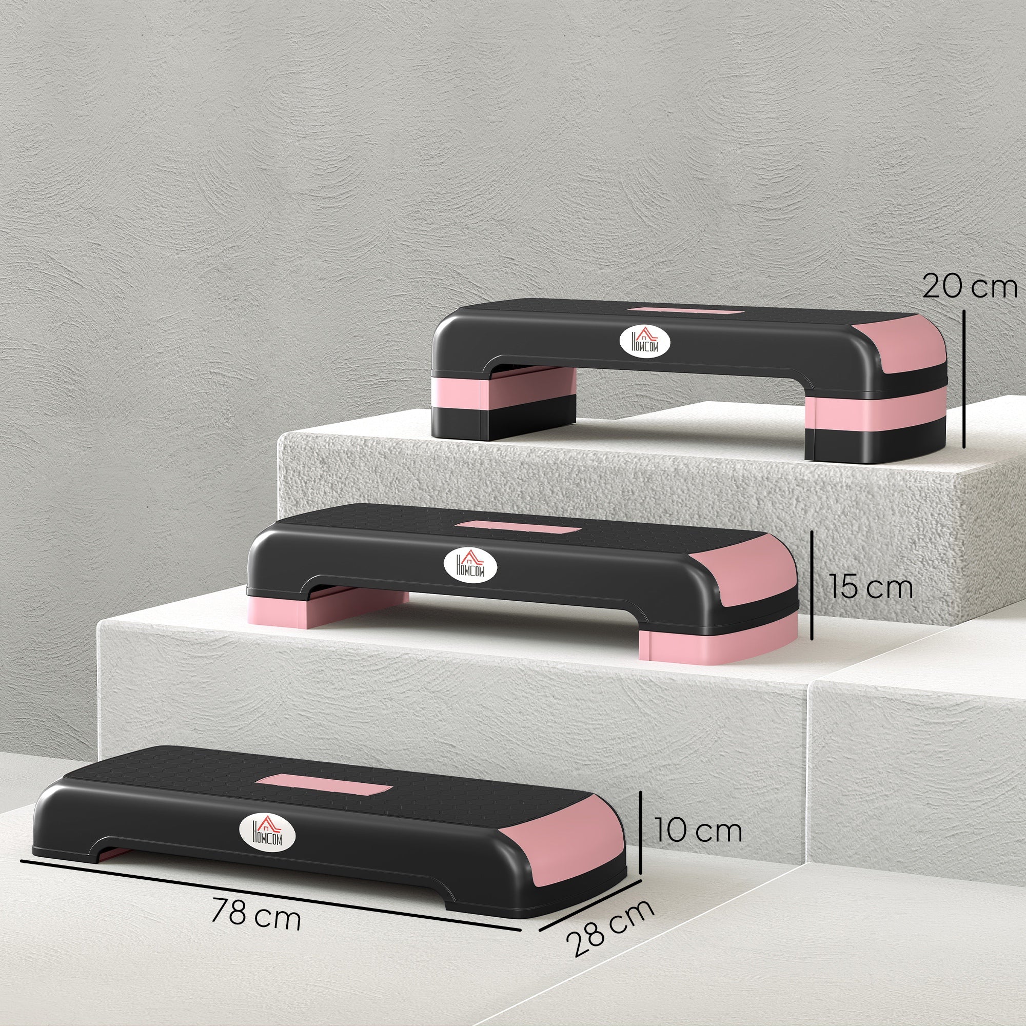 Kozy - Aerobic Step with 3-Level Adjustable Heights for Home, Office Exercise, Black and Pink