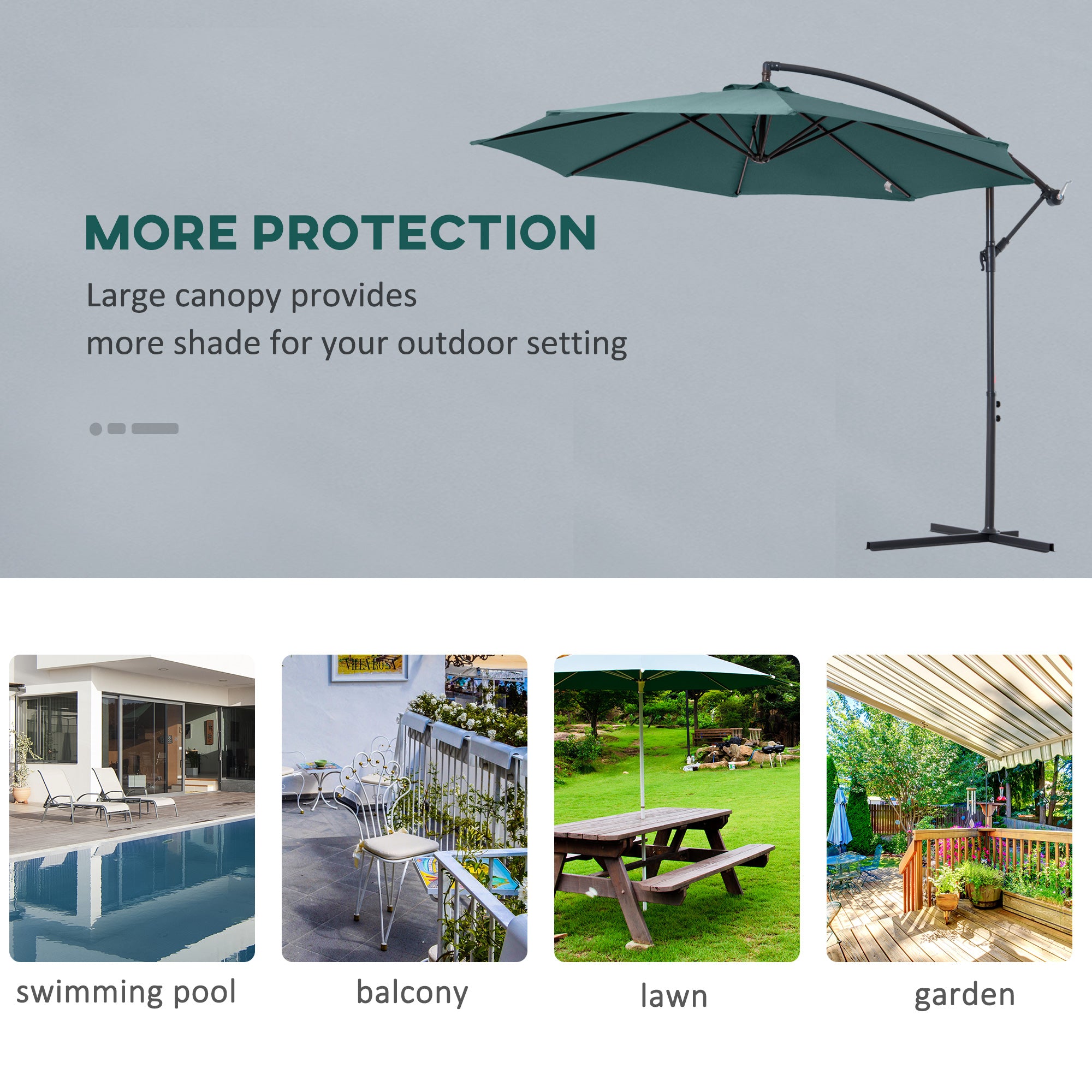 Outsunny Cantilever Parasol, 3m Banana Hanging Umbrella with Crank Handle, 8 Ribs, Cross Base, Outdoor Sun Shade, Dark Green