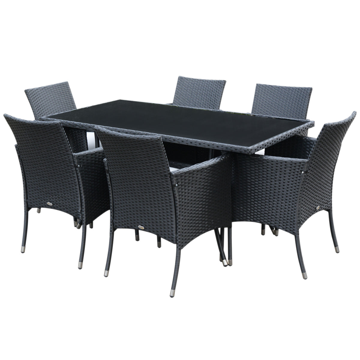Kozy 6 Seater Rattan Dining Set with Cushions, Rattan Garden Furniture Set with 6 Armchairs, Rectangular Glass Top Table, Outdoor Dining Table and Chairs, Black