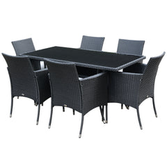 Kozy 6 Seater Rattan Dining Set with Cushions, Rattan Garden Furniture Set with 6 Armchairs, Rectangular Glass Top Table, Outdoor Dining Table and Chairs, Black