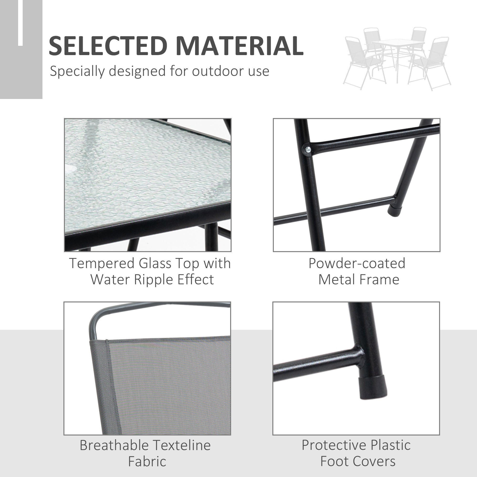 Kozy 5 Piece Garden Dining Set Outdoor Dining Furniture 4 Folding Chairs, Glass Top Table with Parasol Hole, Texteline Seats, Black