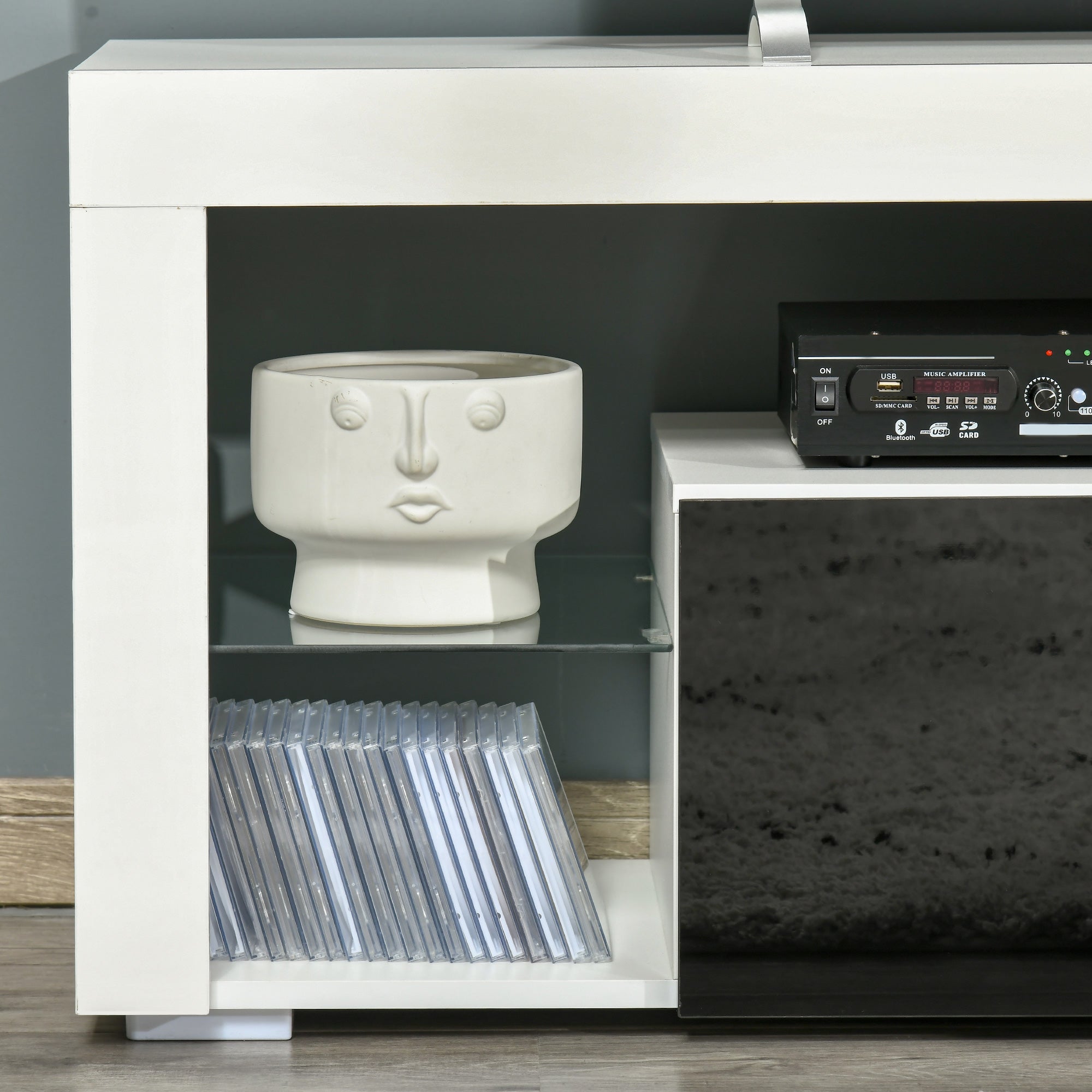 Kozy TV Unit, LED TV Stand Cabinet, High Gloss TV Table with Lights and Storage Shelf for 55 inch TVs for Living Room, Bedroom, Black and White