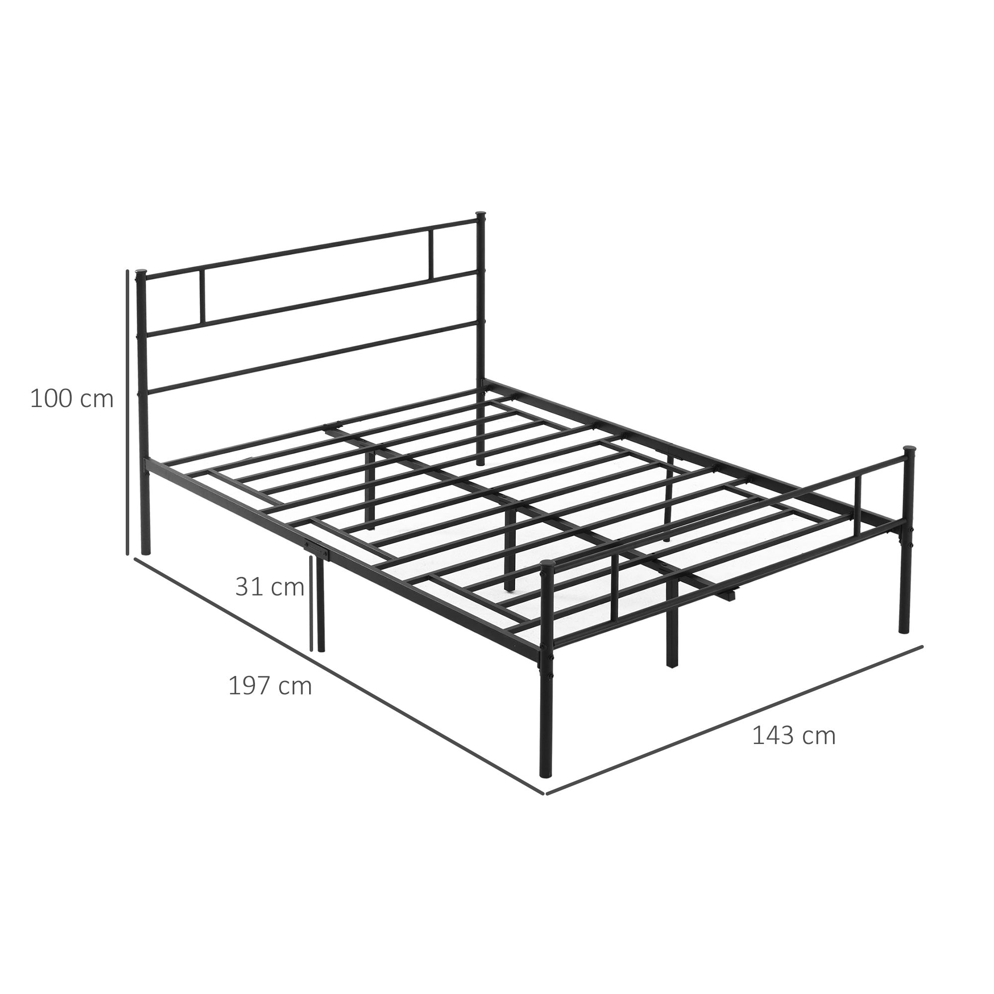 HOMCOM Double Metal Bed Frame with Headboard and Footboard, Solid Bedstead Base, Metal Slat Support, Underbed Storage Space, Black