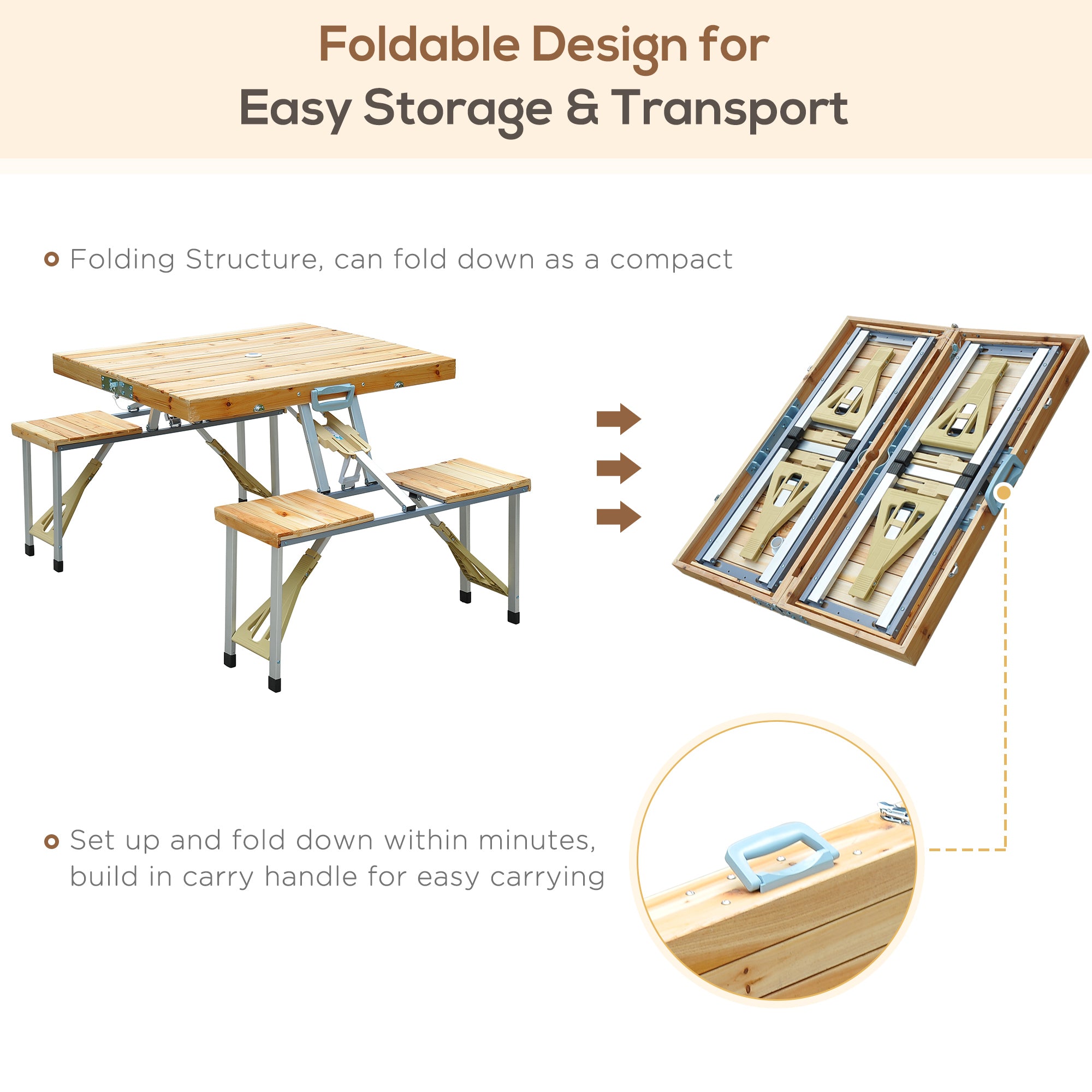 Outsunny Portable Folding Camping Picnic Table Party Field Kitchen Outdoor Garden BBQ Chairs Stools Set Wooden Wood