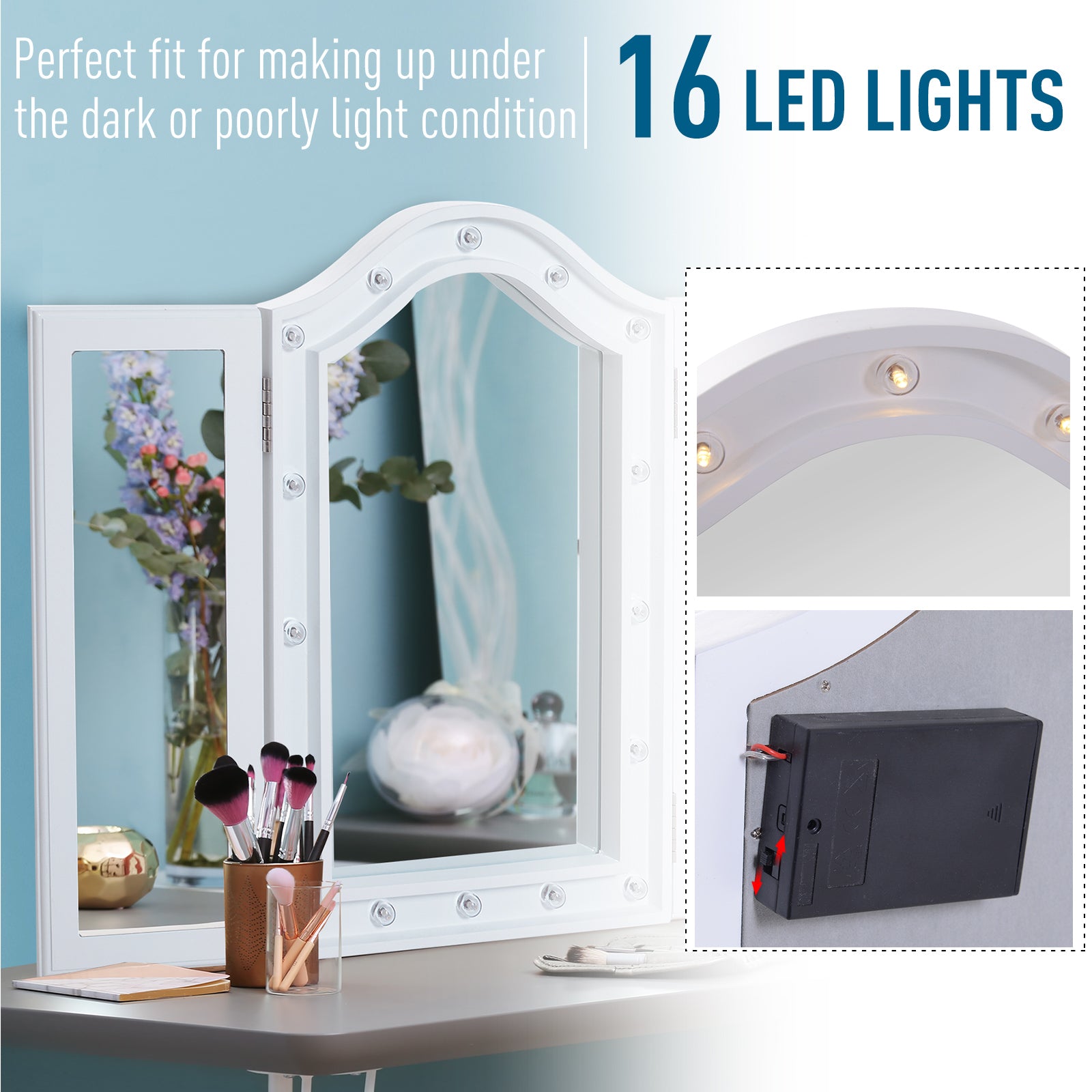 Kozy Trifold Freestanding Mirror, Lighted Tabletop Vanity Mirror Large Cosmetic w/16 LED Lights powered by batteries Foldable For Bedroom- White