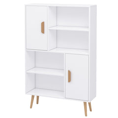 Kozy Sideboard Bookshelf Free Standing Bookcase Shelves Unit Display Storage Cabinet w/ Adjustable Shelves, Wooden Leg, Two Doors, White