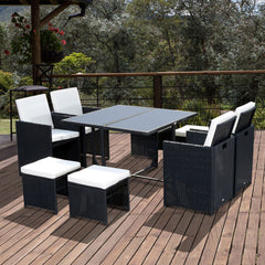 Outsunny 9PC Garden Rattan Dining Set Outdoor Patio Dining Table Set Weave Wicker 8 Seater Stool Black