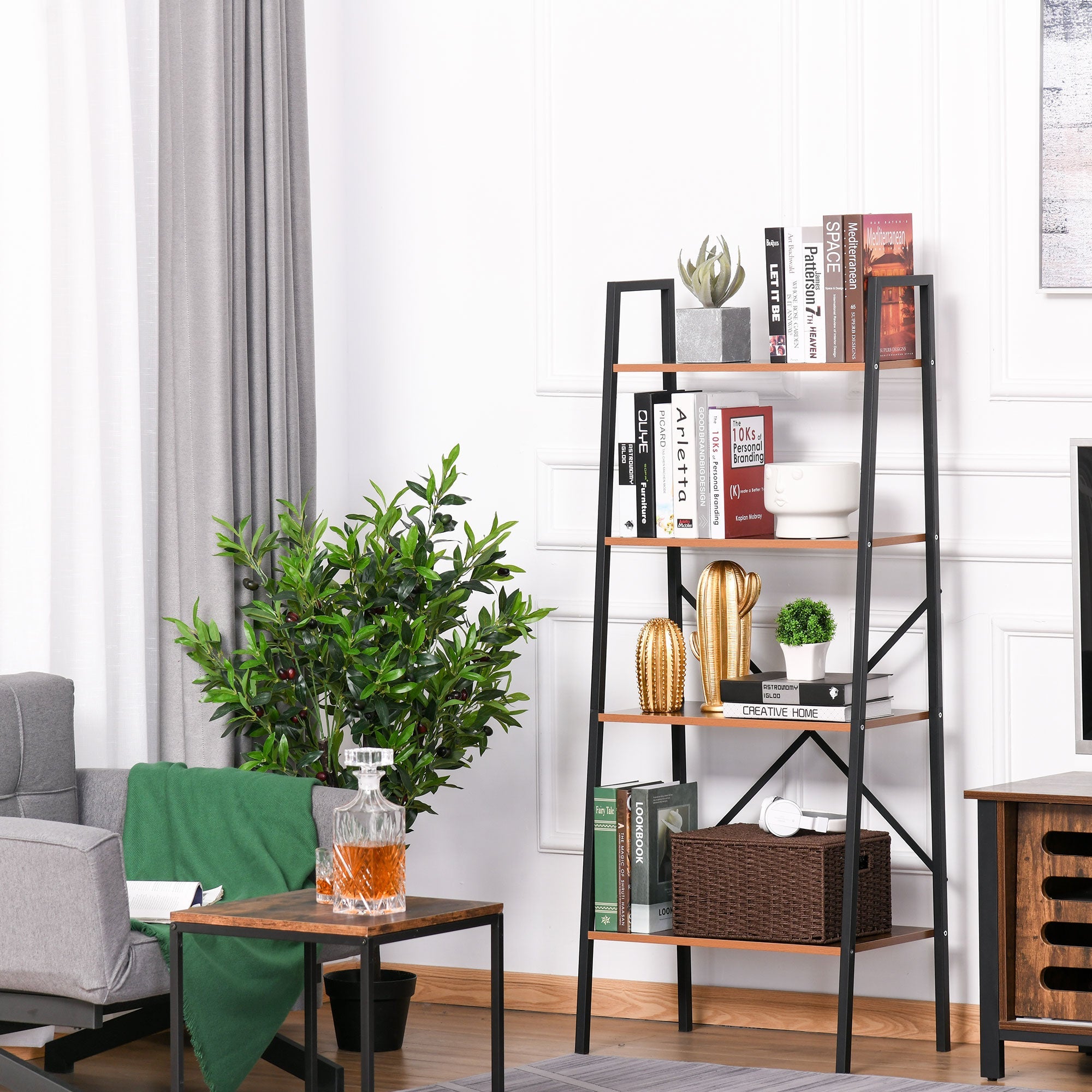 HOMCOM 4-Tier Vintage Ladder Shelf Bookcase Wood Storage Rack Stand Plants Display Black brown | Aosom UK