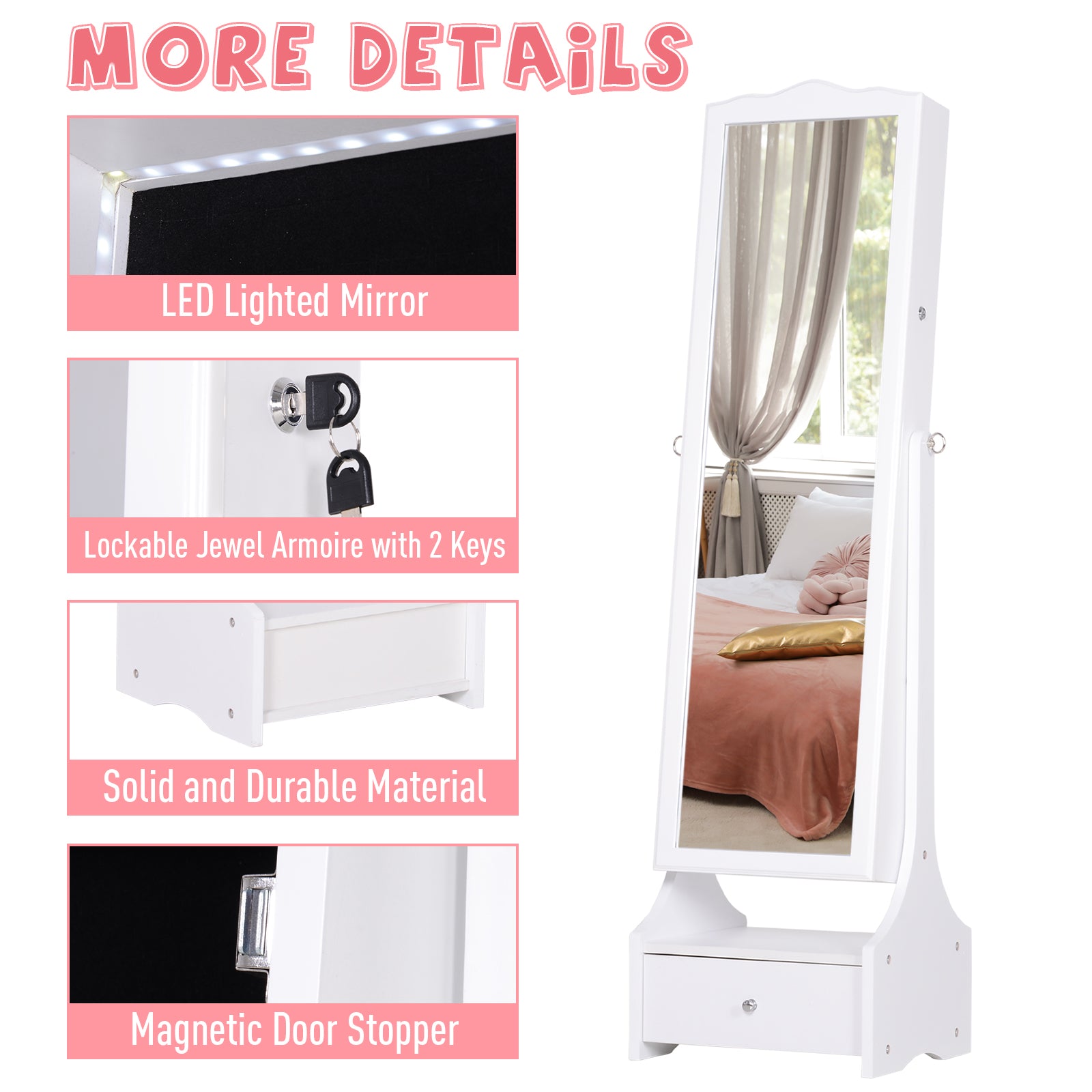Kozy Jewellery Cabinet with led, mirroir Cabinet Armoire Floor Standing Flip-over Makeup Shelf Organizer with lock white