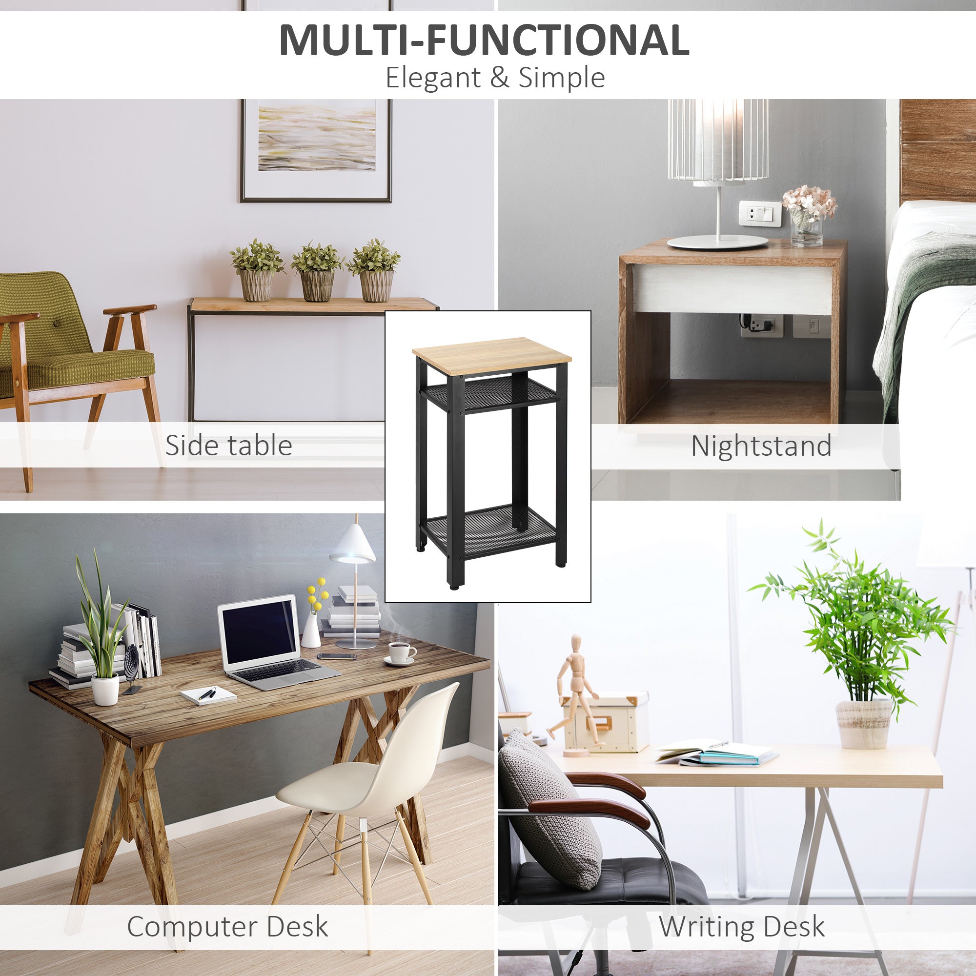 Kozy Tall Side Table with 3 Layer, 2 Shelves Storage Display Industrial-Style, Metal Frame, Bedside End Table for Living Room Bedroom, Oak and Black