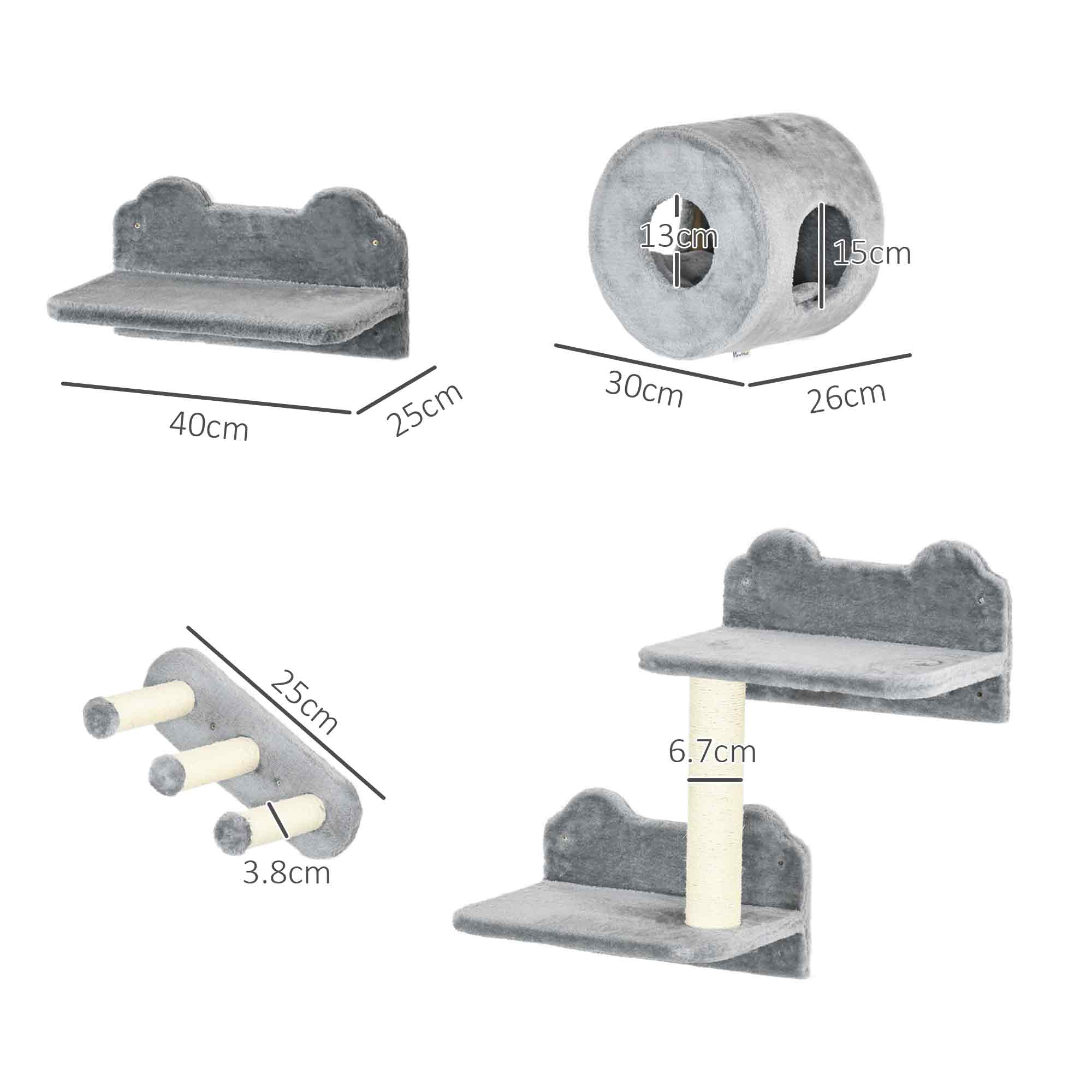 Kozy - 4PCs Wall-Mounted Cat Tree, with Steps, Perch, Cat House - Grey