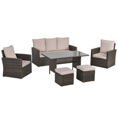 Kozy Six-Piece Rattan Sofa Set, with Glass-Top Table - Mixed Brown