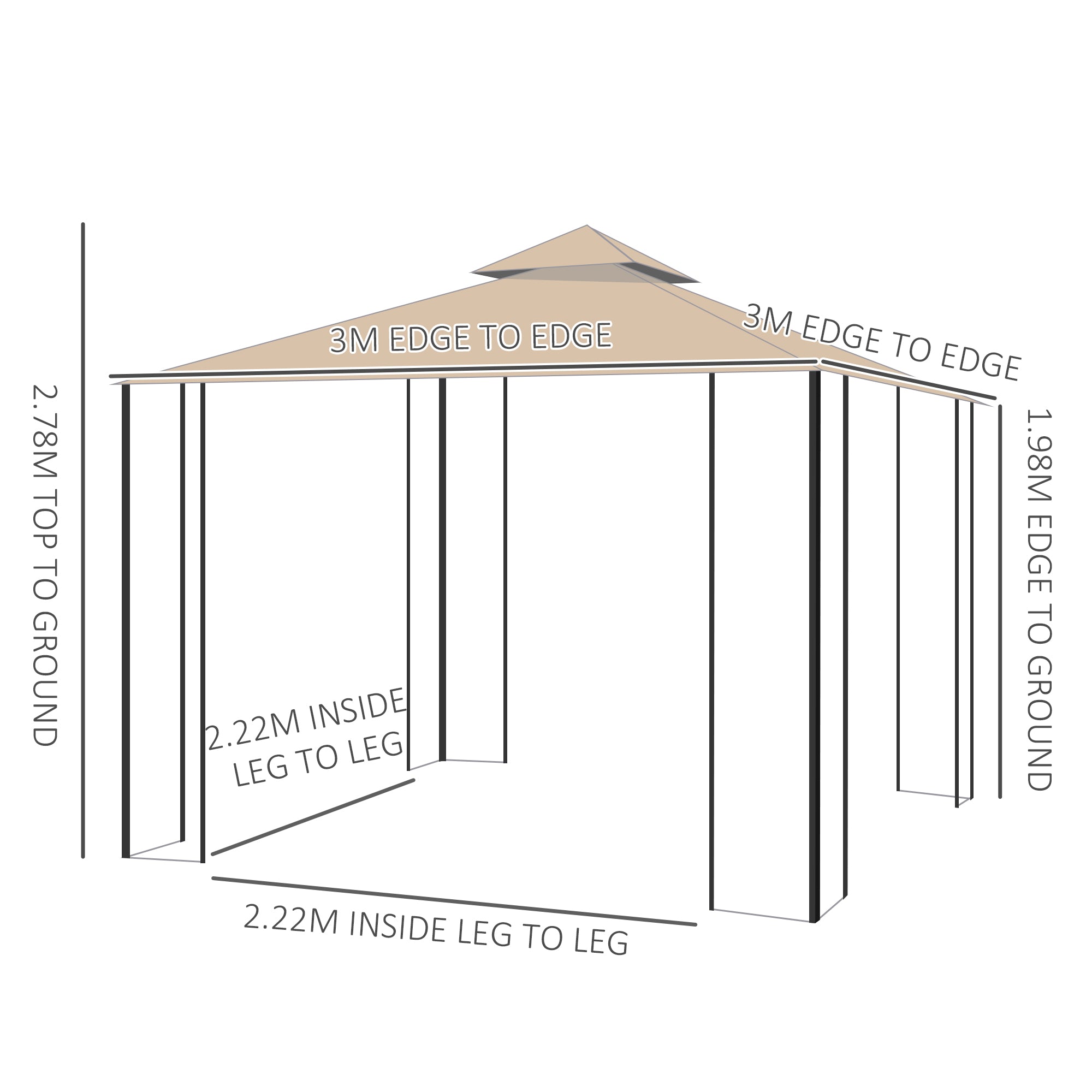 Outsunny 3x3m Garden Gazebo Tent W/Netting, 2