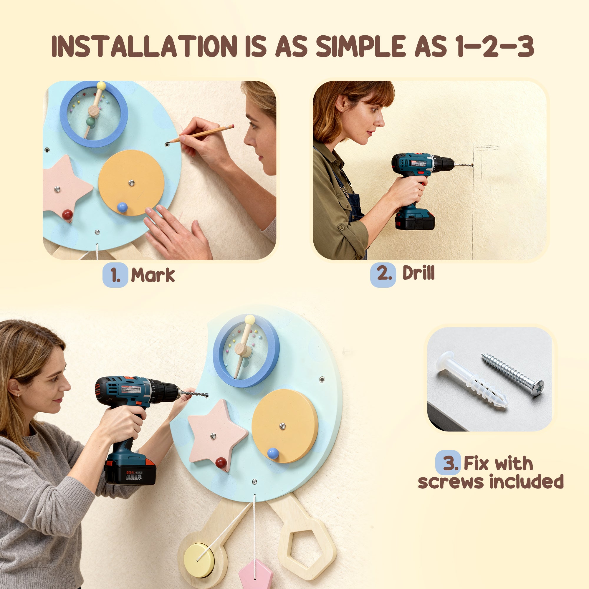 Kozy Caterpillar Busy Board with 7 Activities, for Nursery, Playroom, Home, for 3+ Years