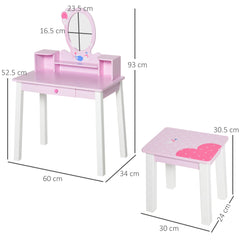 HOMCOM 2 PCS Kids Wooden Dressing Table and Stool Girls Vanity Table Makeup Table Set with Mirror Drawers Role Play for Toddlers 3 Year+, Pink White