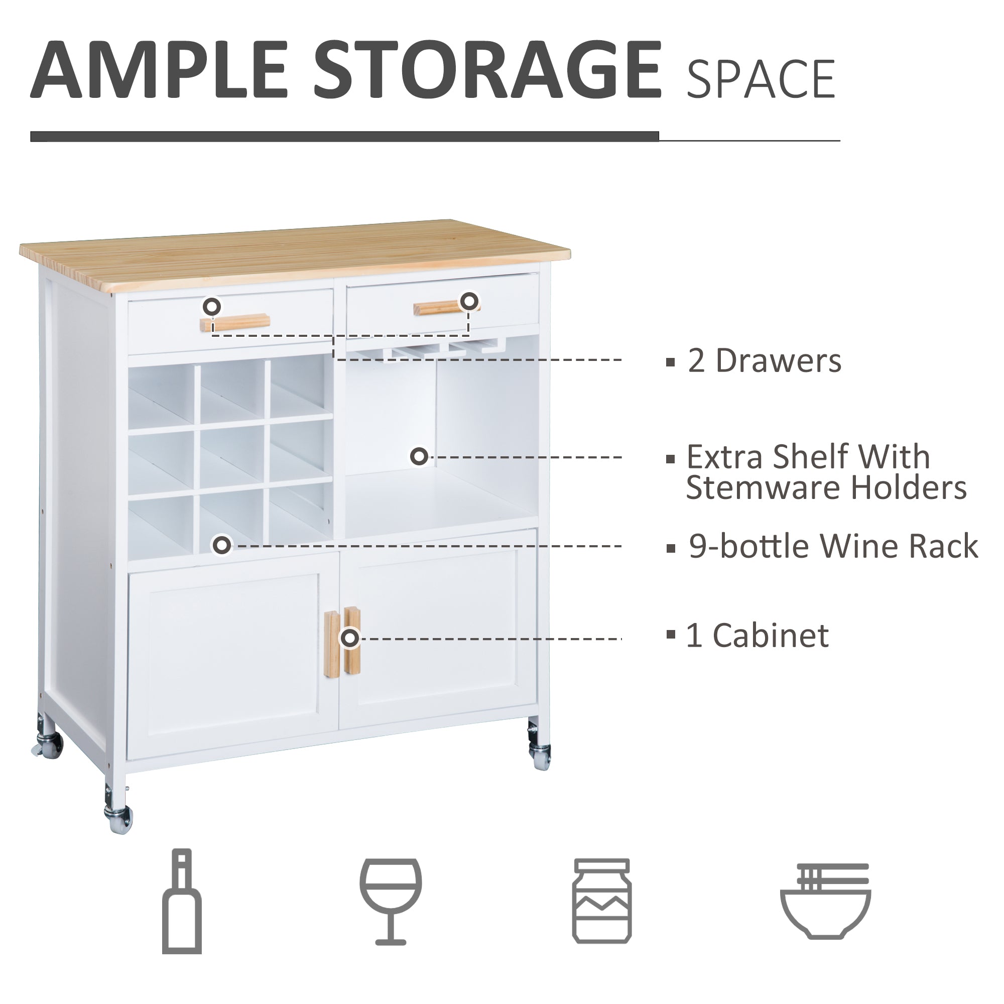 HOMCOM Rolling Kitchen Cart Sideboard Island Portable Serving Utility Storage Display Cabinet Trolley Wood Drawers w/Doors on Wheels&Wine Racks