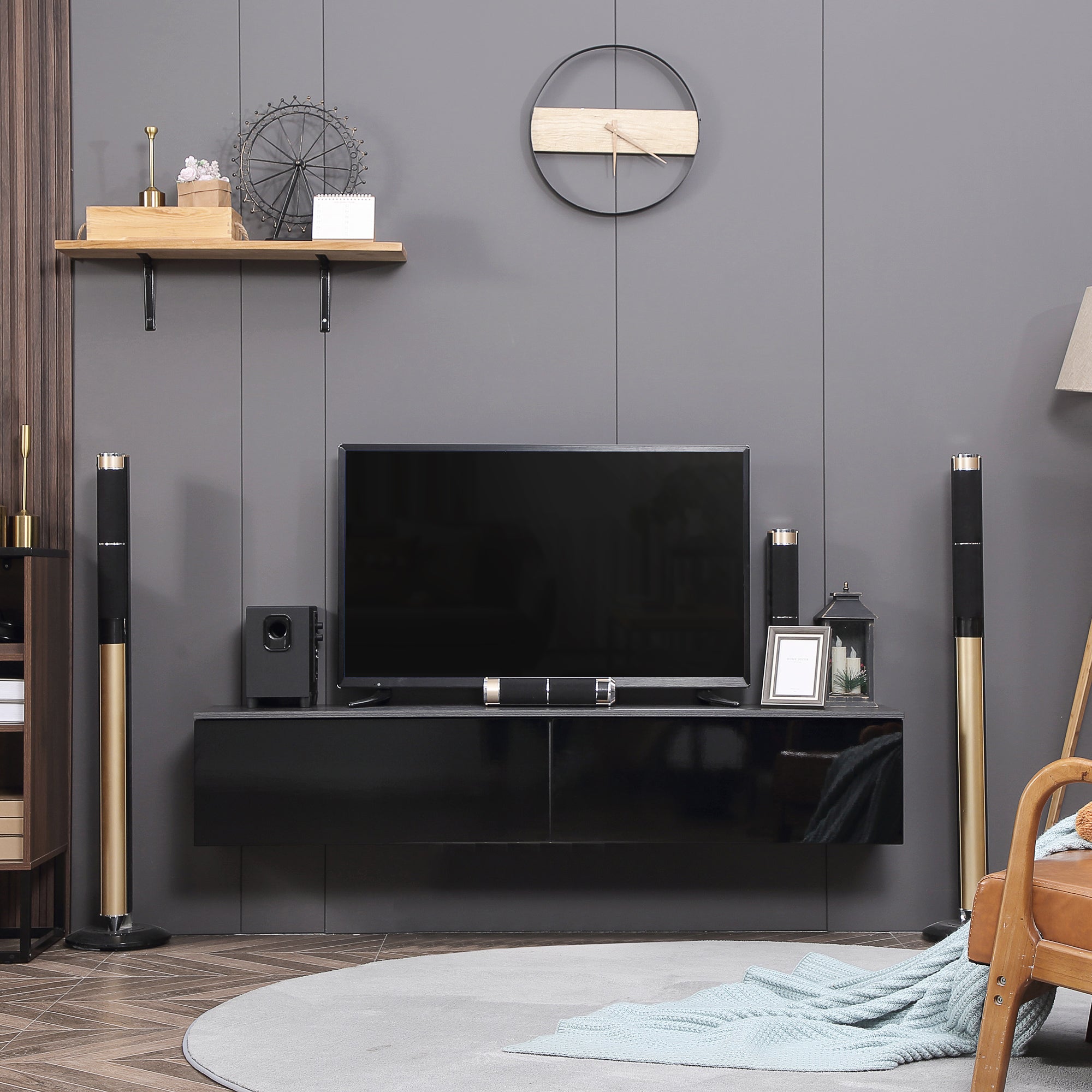 Kozy 160cm High Gloss Floating TV Unit Stand for TVs up to 70", Wall Mounted TV Cabinet with Storage Cupboards, Grey and Black