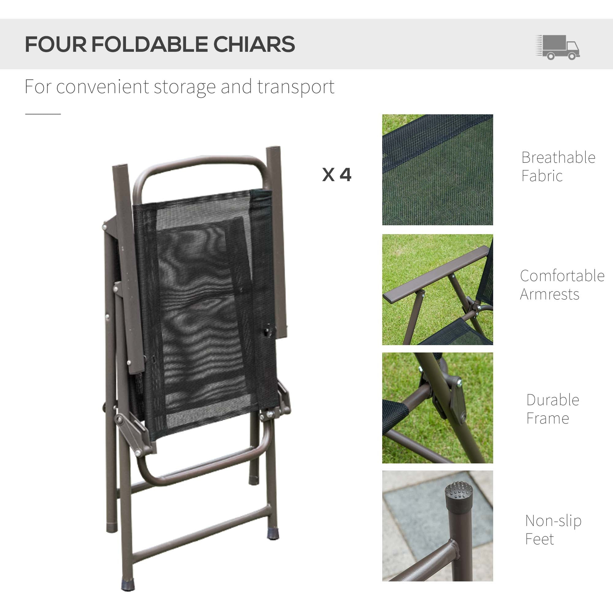 Kozy 6 Piece Garden Dining Set with Umbrella, Patio Sets with Parasol with 4 Folding Dining Chairs & Round Tempered Glass Table, Black