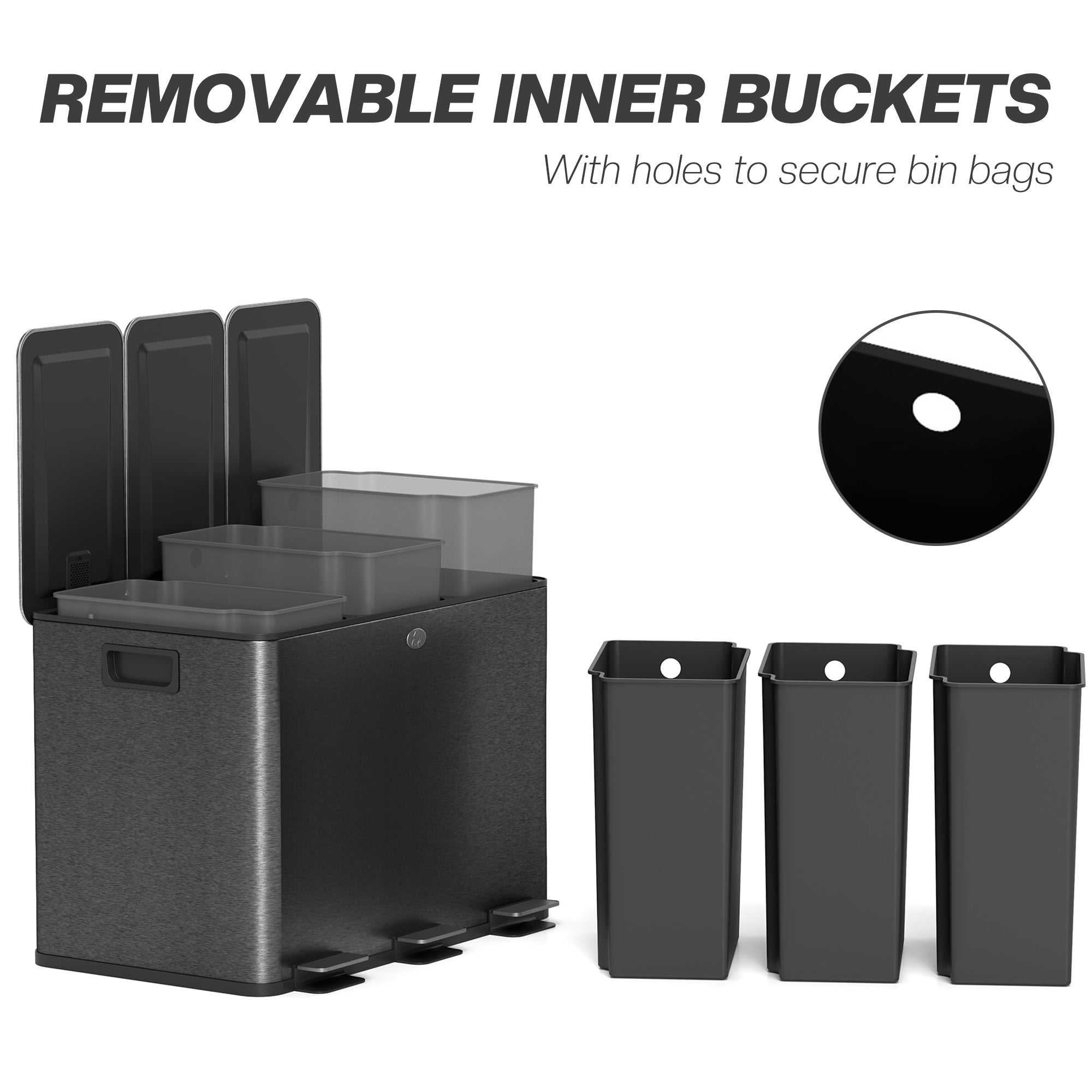 Kozy - 3 x 20L Pedal Bin, Steel Triple Kitchen Bin with Soft Close Lid, Removable Inner Buckets, Fingerprint-Proof, Black