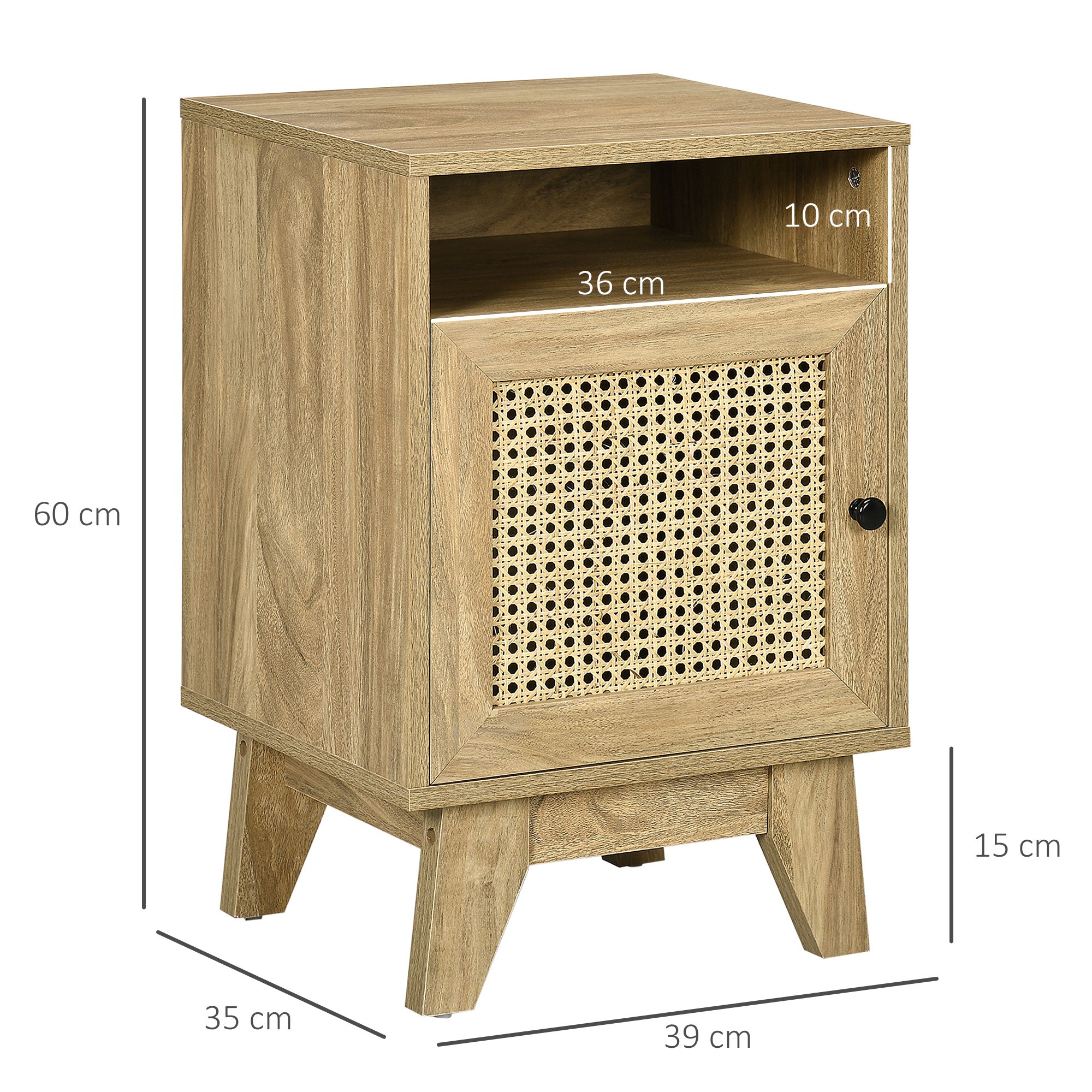 Kozy Narrow Rattan Nightstand, Side End Table with Shelf and Cupboard, 39cm x 35cm x 60cm, Natural