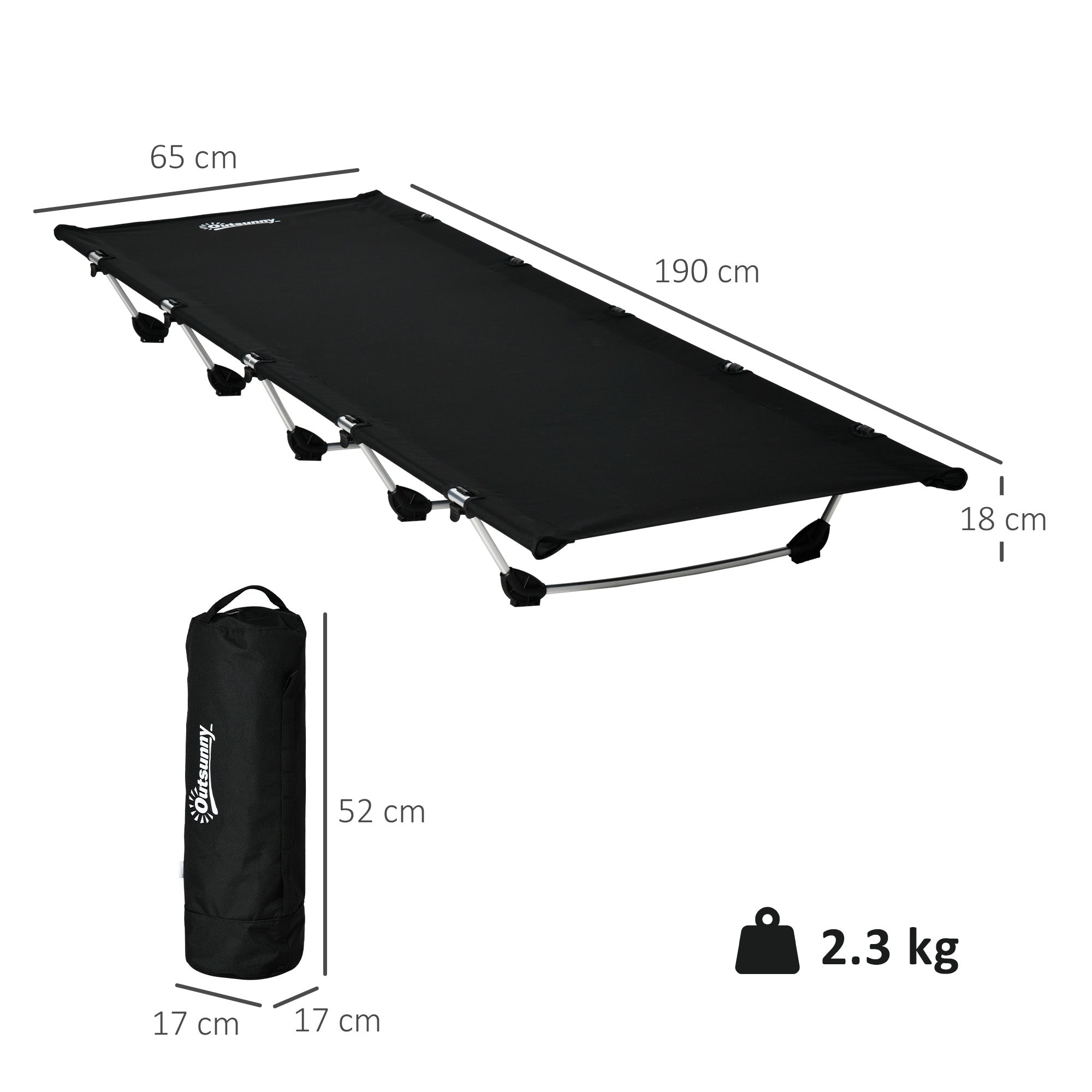 Kozy Lightweight Camping Bed, Aluminium Portable Camp Cot w/ Strong Support 150kg and Carry Bag for Camping, Black