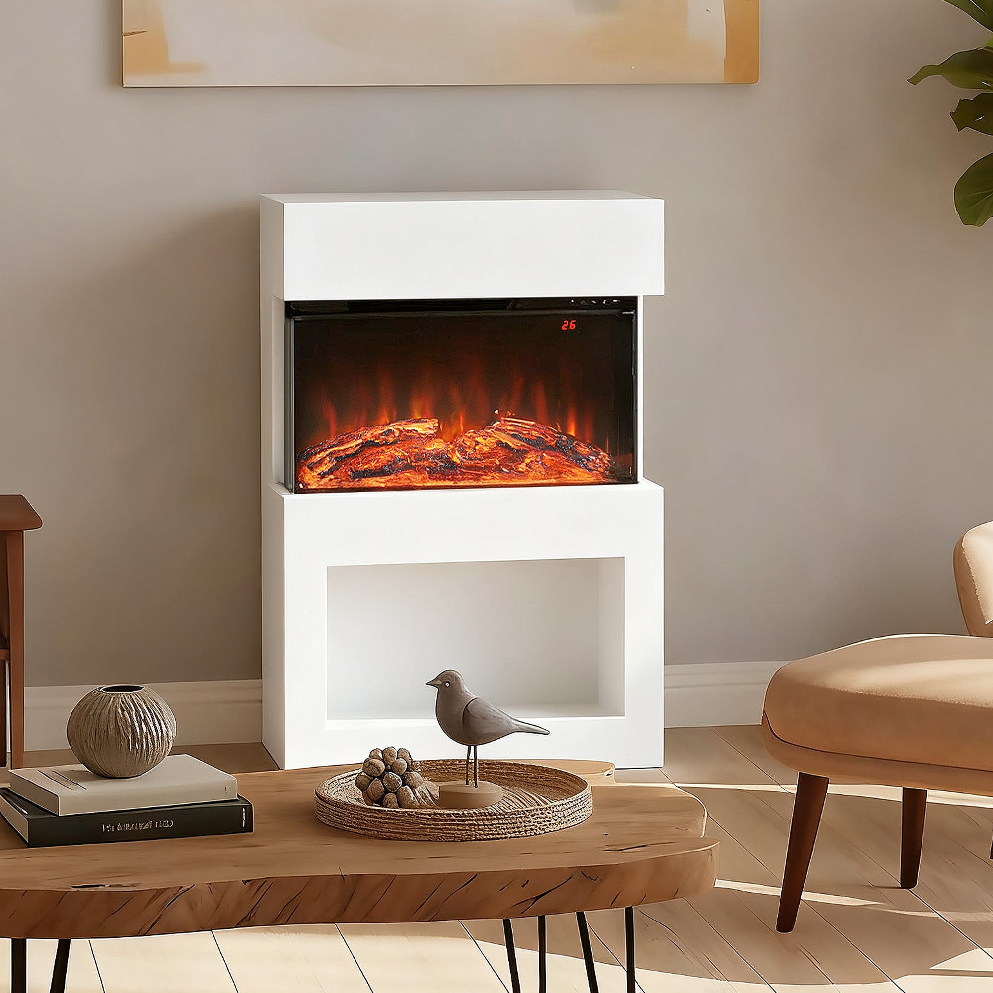 Kozy - Electric Fireplace with 3D Flame Effect, 6 Colours & 3 Brightness Levels, 1000W/2000W White Electric Fire and Mantel Reach up to 30㎡ Space with Remote & Timer, 3 Sided View for Living Room
