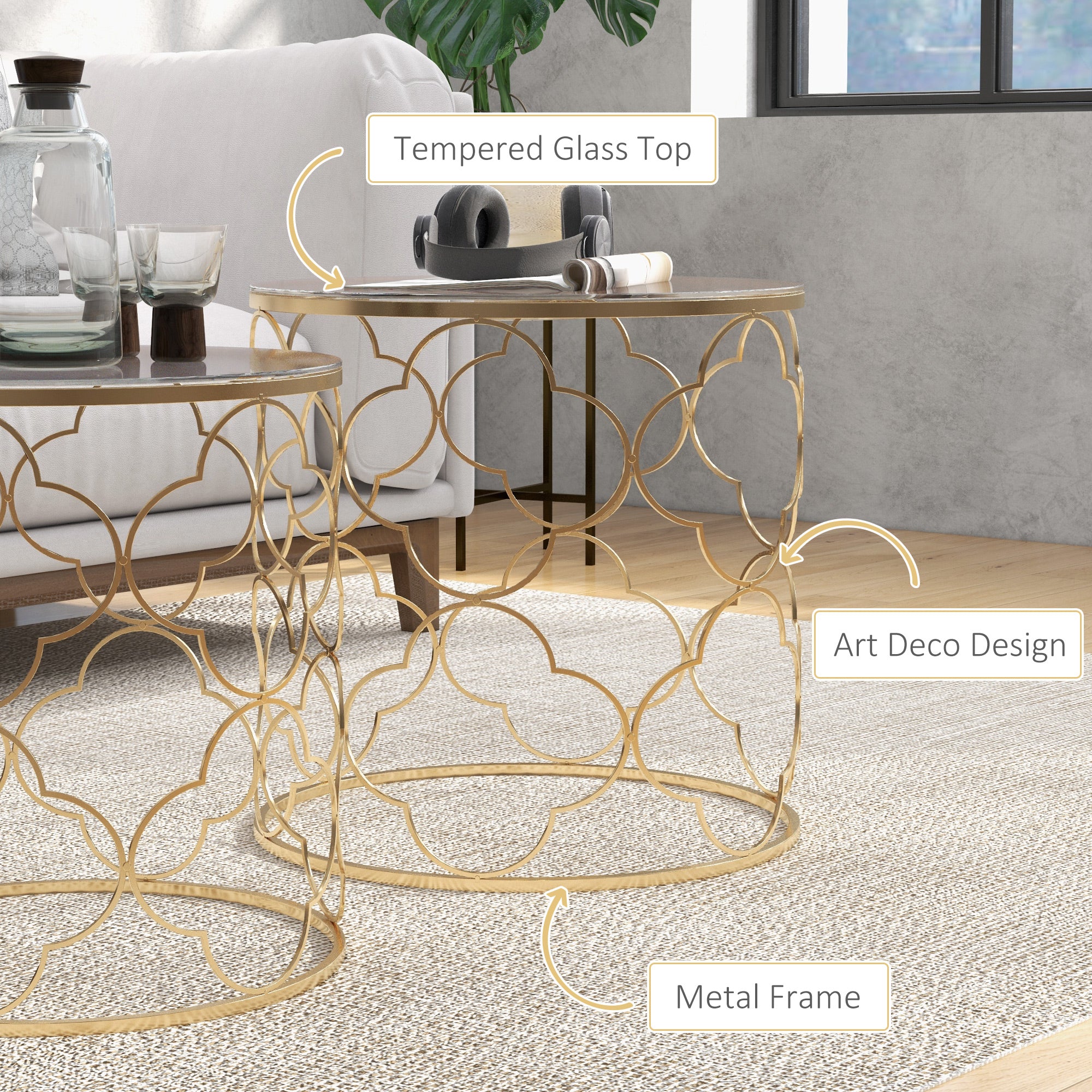 Kozy Nesting Tables Set of 2, Modern Stacking Side End Table with Tempered Glass Top, Metal Frame for Living Room Bedroom Office, Gold Tone