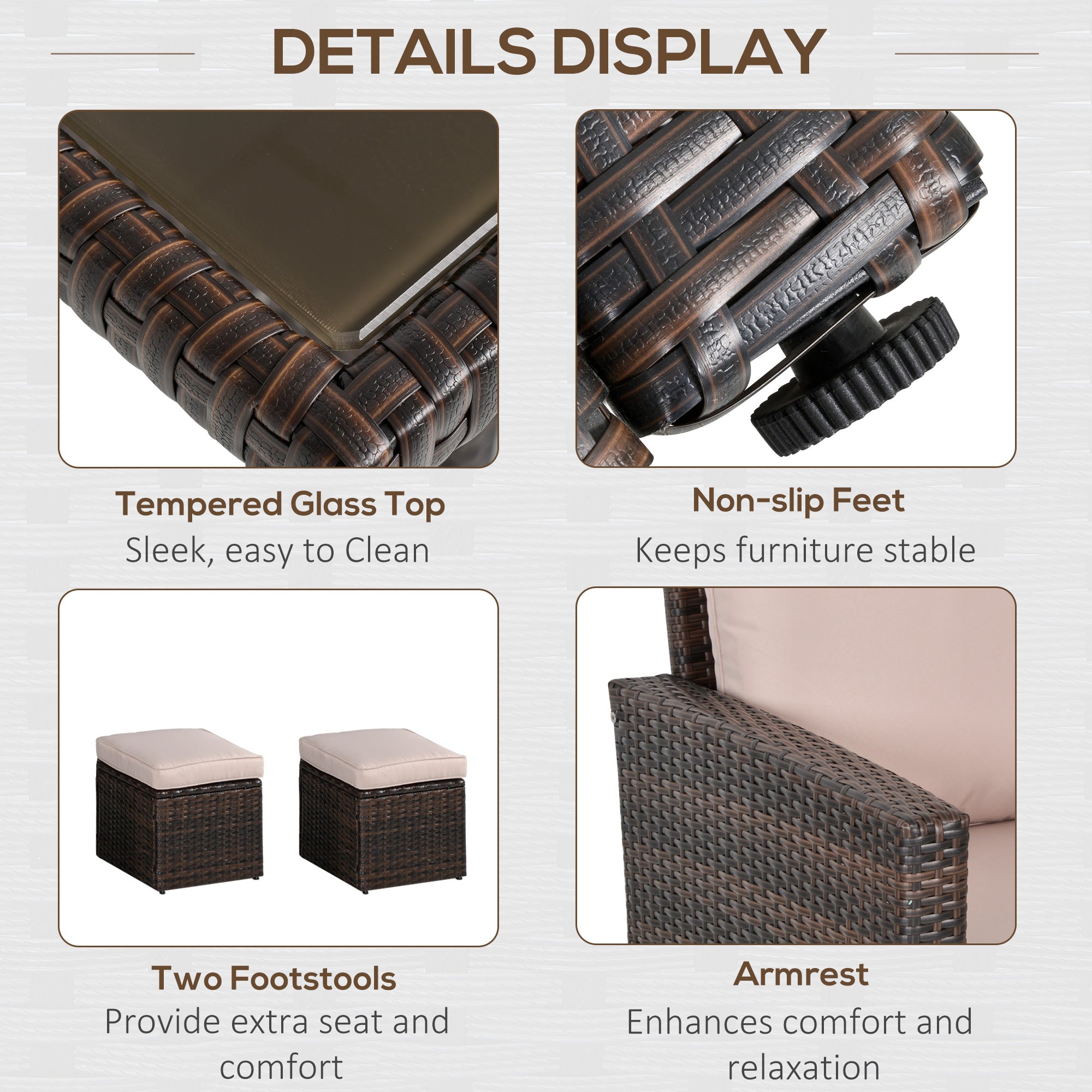 Kozy Six-Piece Rattan Sofa Set, with Glass-Top Table - Mixed Brown