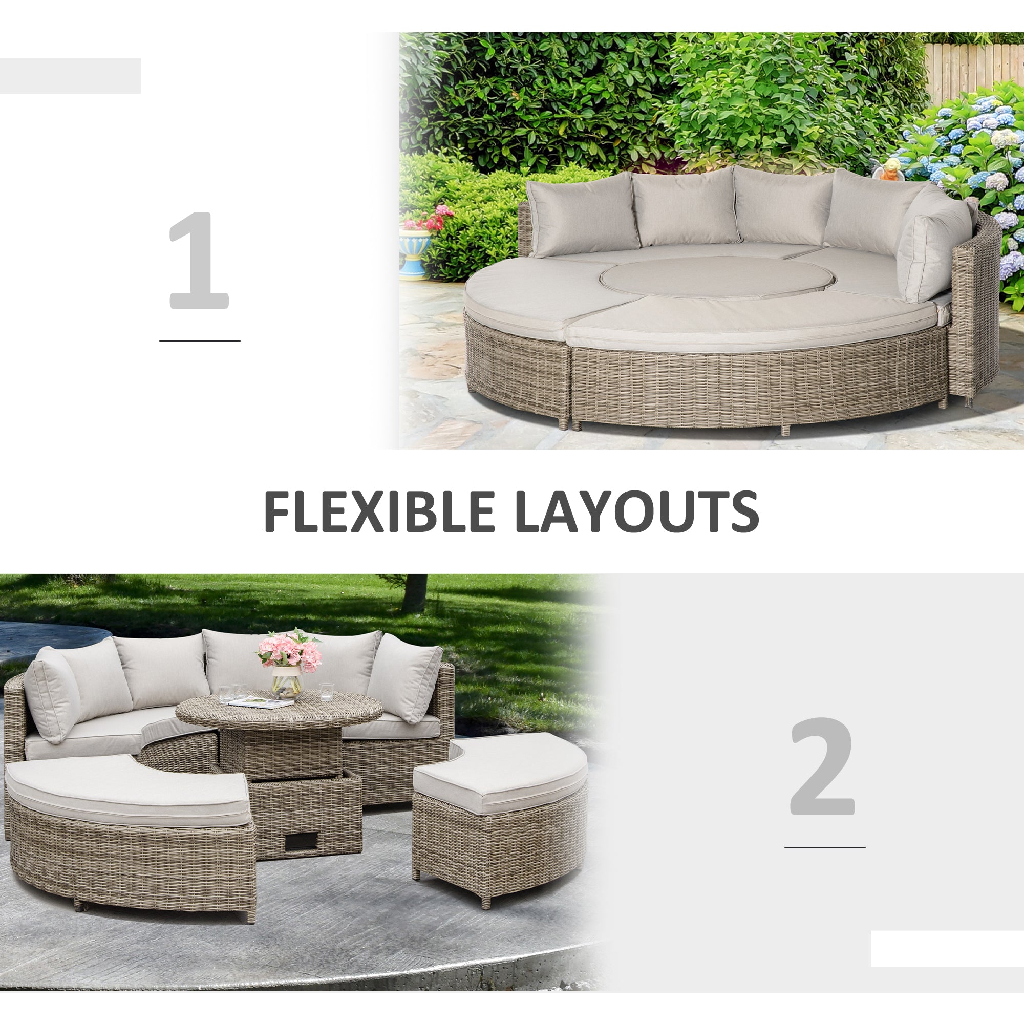 Kozy 5 Pieces Outdoor PE Rattan Round Garden Daybed with Cushions, Aluminium Patio Furniture Set Lounge Chair Conversation Sofa Set with Liftable Coffee Table and Protect Cover, Grey