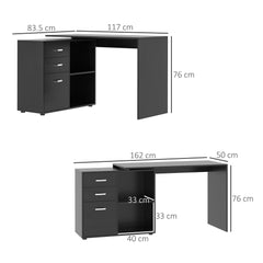 Kozy L Shaped Computer Desk, Reversible Home Office Desk with Drawers, File Cabinet and Storage Shelves, Study Table, 117 x 83.5 x 76cm, Black