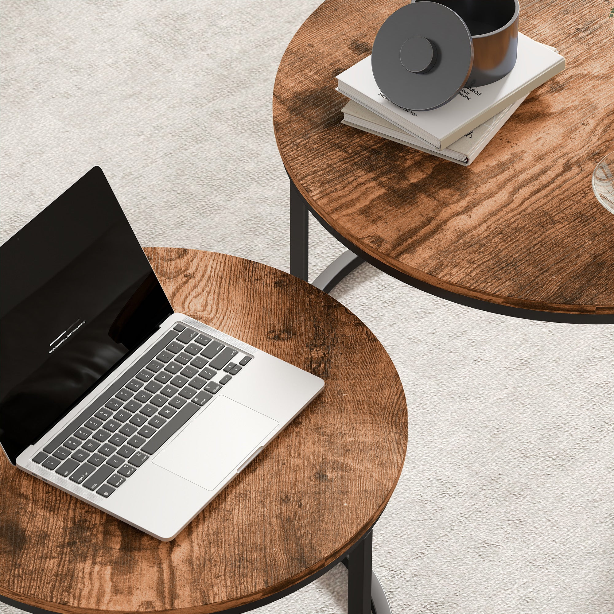 Kozy Coffee Table Set of 2, Round Nest of Tables with Metal Frame, Modern Side Tables for Living Room, Rustic Brown