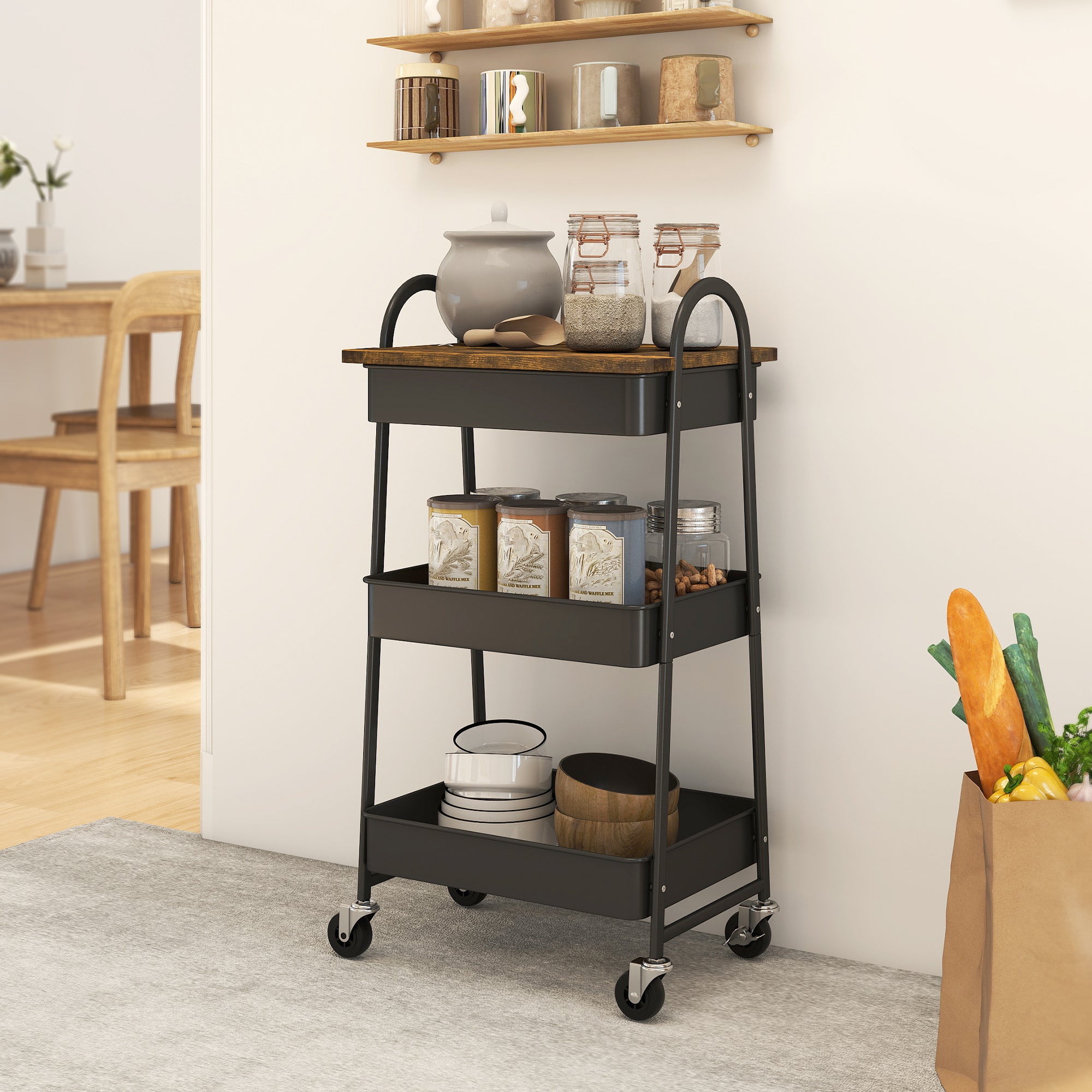 Kozy - 3-Tier Kitchen Storage Trolley with on Wheels Cover Top Board - Rustic Brown and Black