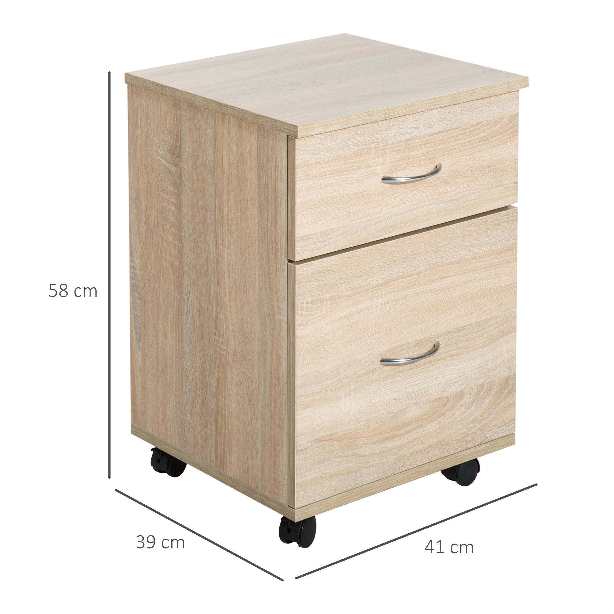 HOMCOM File Cabinet Cupboard Storage with Two Drawers, Table Storage Box with Wheels, Cabinet Bedside Table Storage Box, Oak