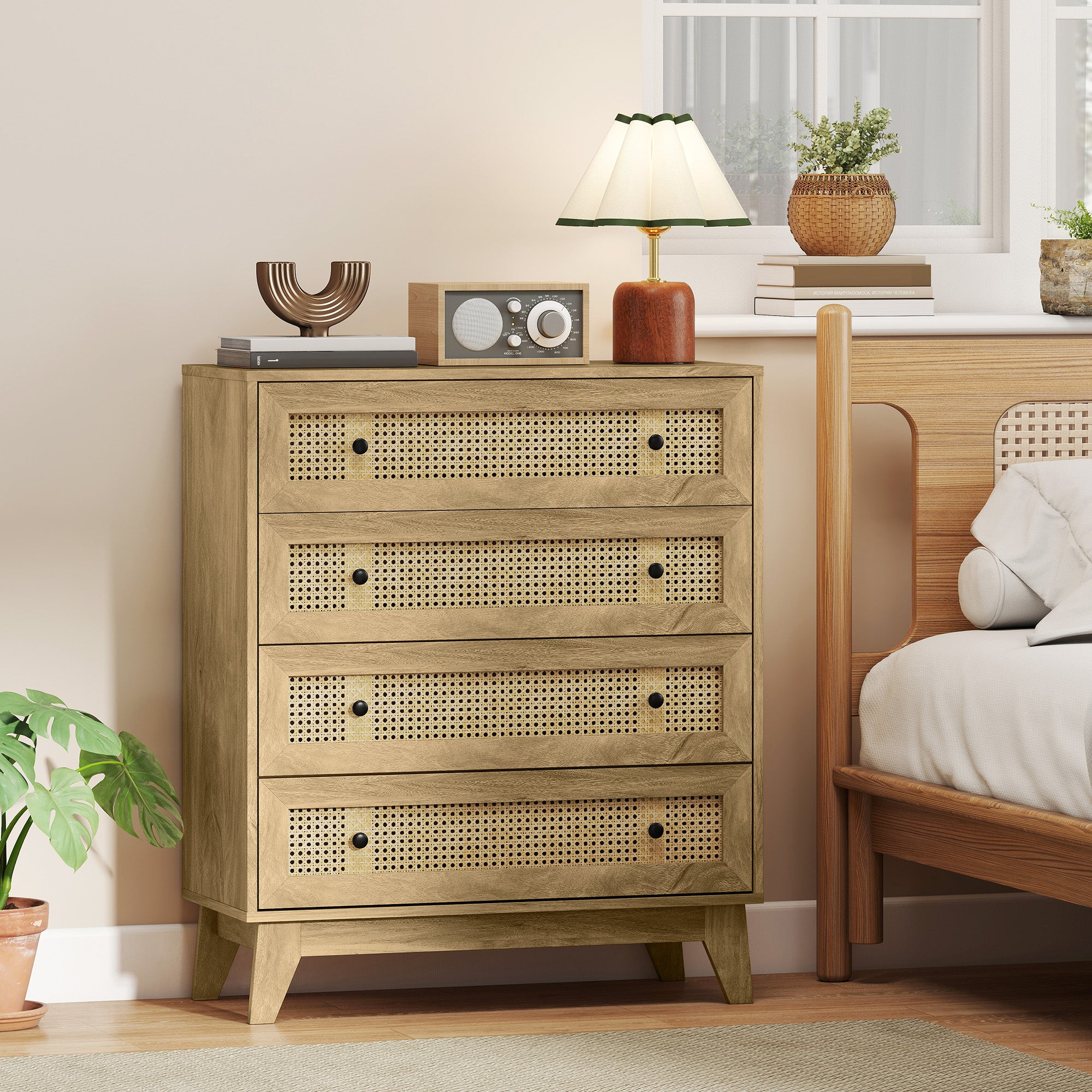 Kozy Storage Cabinet, 4-Drawer Unit with Rattan Element for Bedroom, Living Room, 80cmx35cmx95cm, Wood Effect
