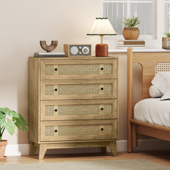 Kozy Storage Cabinet, 4-Drawer Unit with Rattan Element for Bedroom, Living Room, 80cmx35cmx95cm, Wood Effect