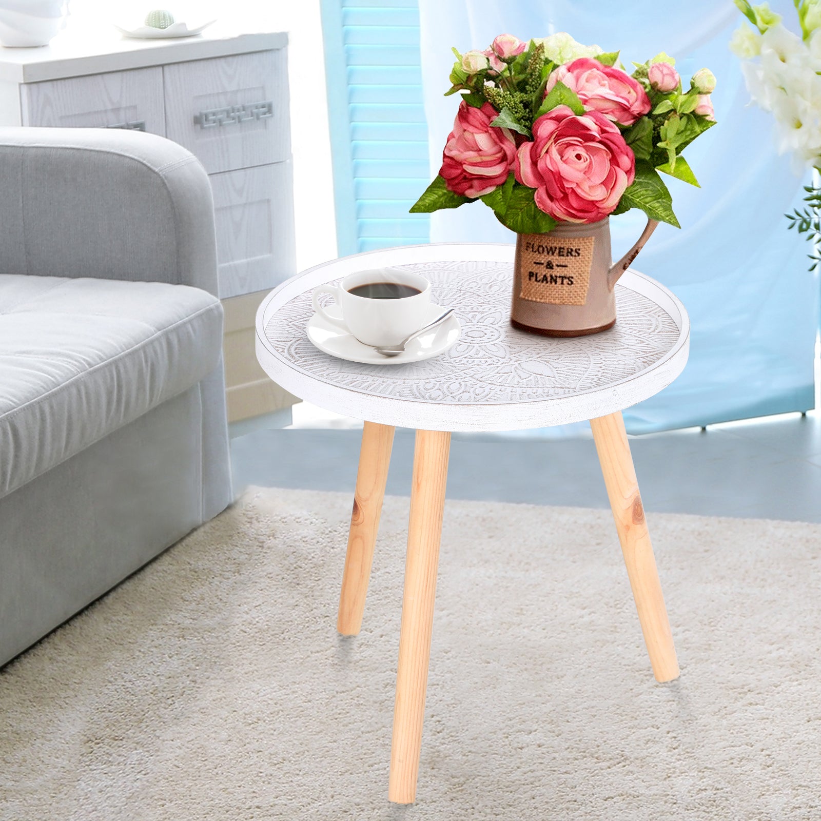 Kozy Coffee Table, Carved Floral Round Table with Tray-style Top and Wood Legs, Modern Side Table for Living Room, White