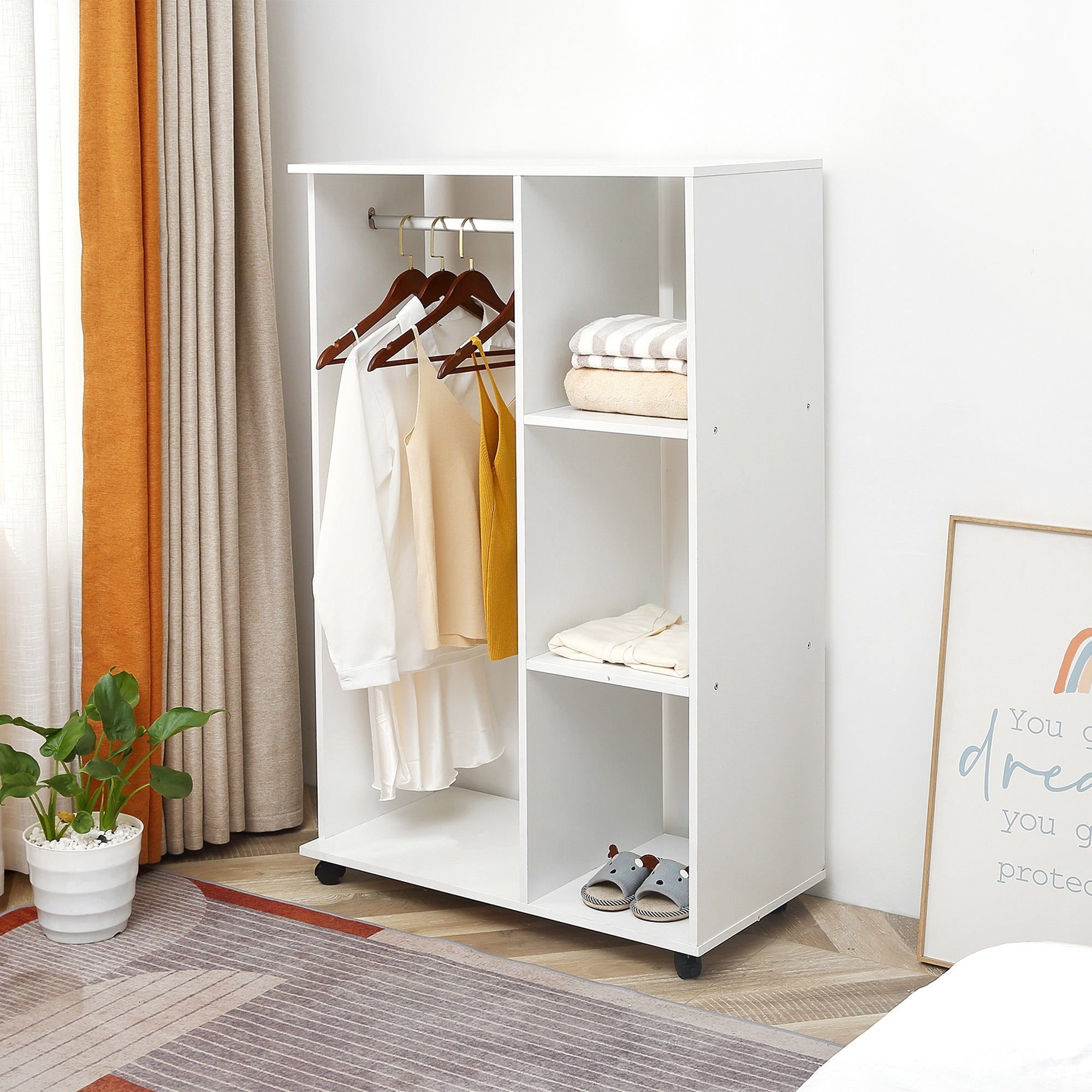 Kozy Open Wardrobe on Wheels, Bedroom Wardrobe with Clothes Hanging Rail, 3 Storage Shelves, Mobile Garment Rack for Cloakroom, Hallway, White