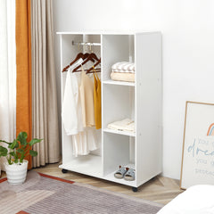 Kozy Open Wardrobe on Wheels, Bedroom Wardrobe with Clothes Hanging Rail, 3 Storage Shelves, Mobile Garment Rack for Cloakroom, Hallway, White