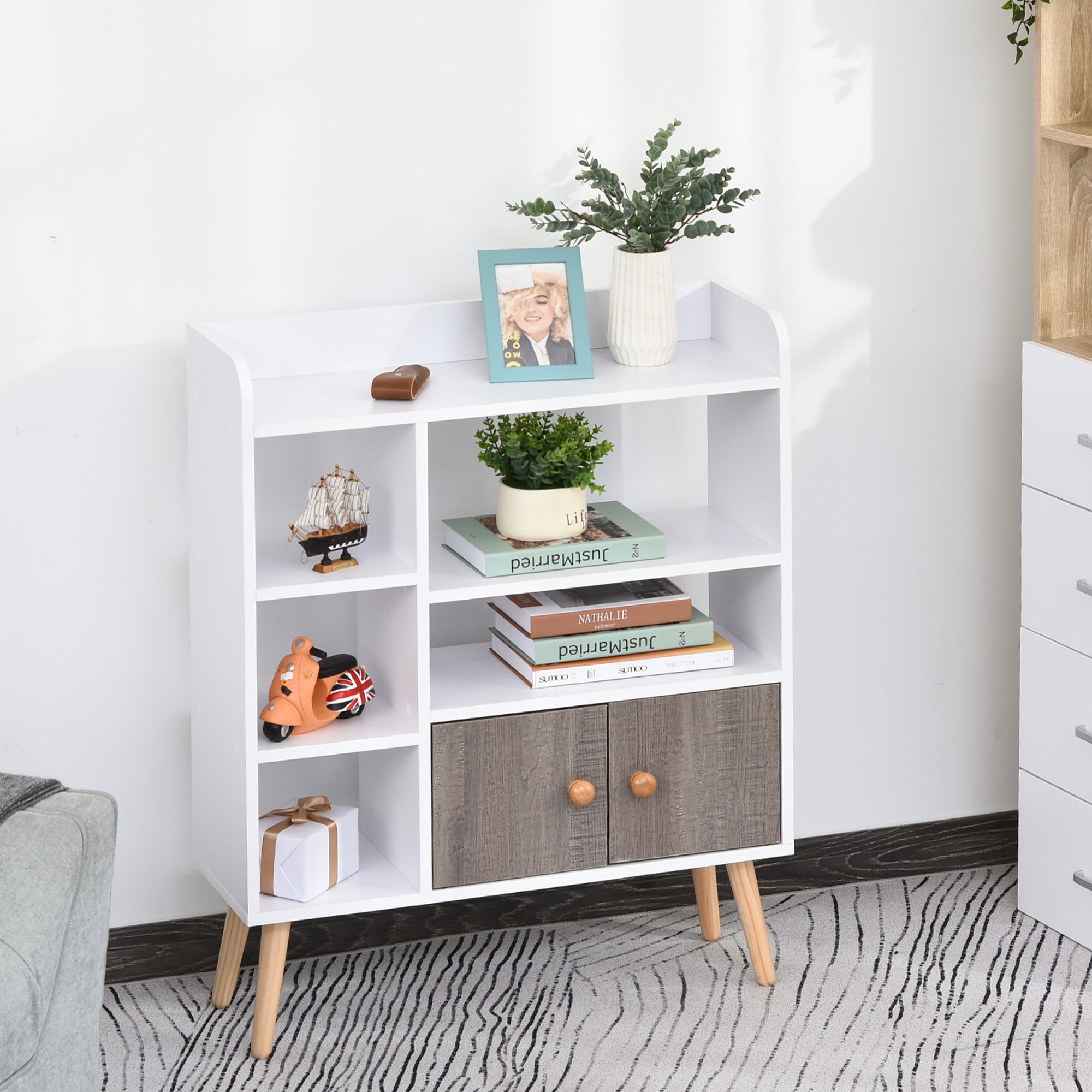 Kozy Bookcase, Freestanding Book Shelf with Storage Cabinet, 6 Shelves and Wood Legs for Home Office Display, White and Grey, 24D x 71.8W x 90.8H cm