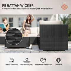 Kozy 8 Piece Rattan Corner Sofa Set with Wide & Deep Seat, Assembled Aluminium PE Rattan Garden Furniture Set with Thick Cushions and Glass Top Table for Outdoor, Conservatory, Black