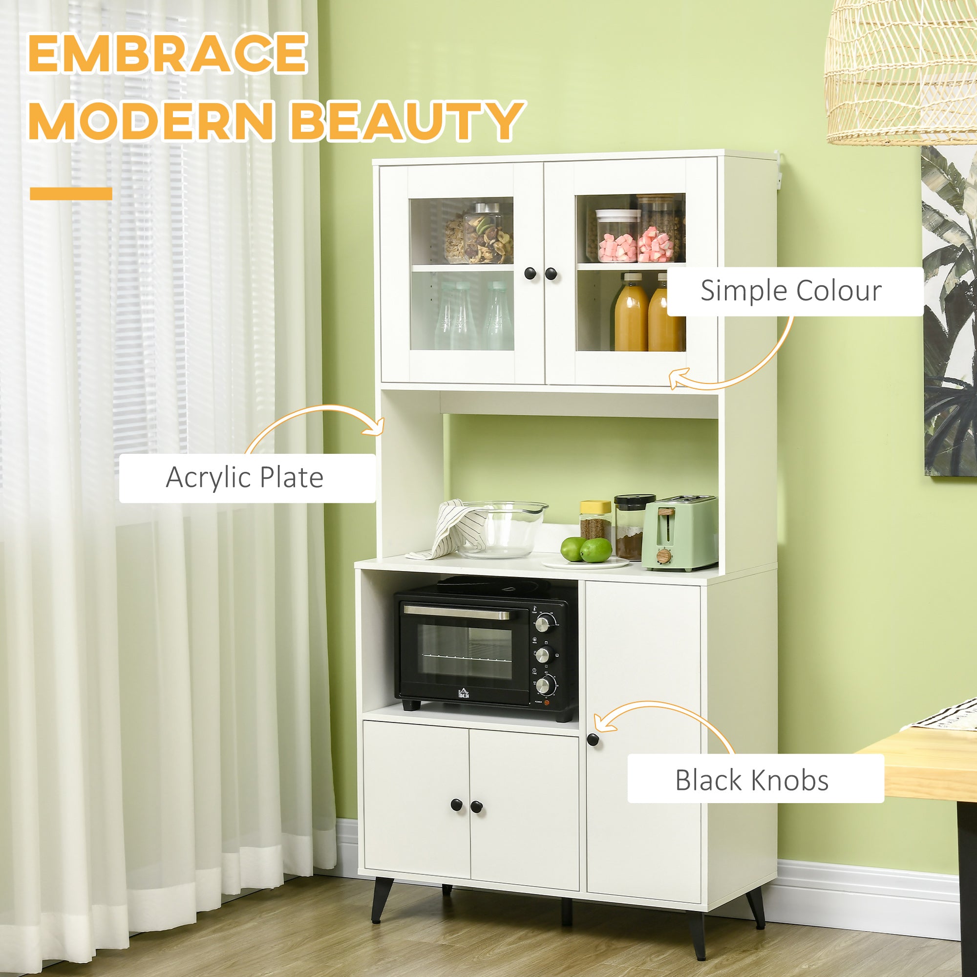 Kozy Freestanding Kitchen Cupboard, Modern Kitchen Storage Cabinet with Doors and Adjustable Shelves, 180cm, White