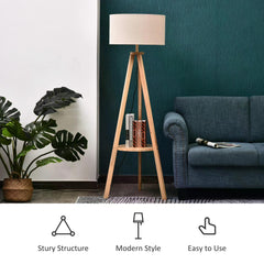 HOMCOM Freestanding Tripod Floor Lamp Bedside Light Reading Light with Storage Shelf Linen Shade for Living Room Bedroom, 154cm, Cream