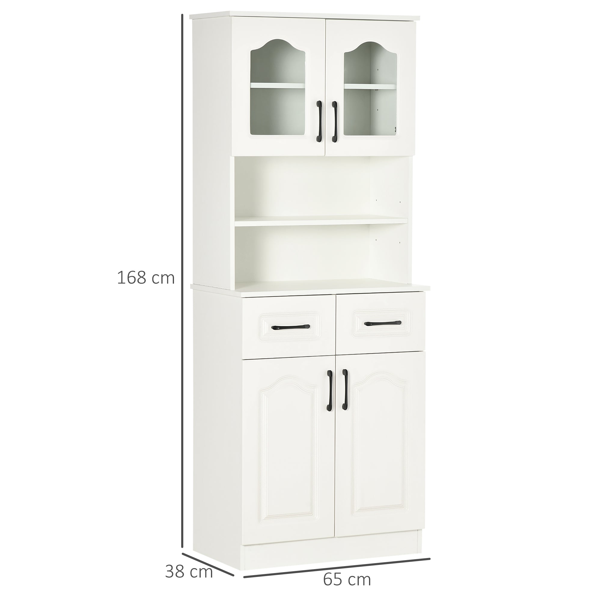 Kozy Kitchen Cupboard, Freestanding Storage Cabinet with 2 Adjustable Shelves, 2 Drawers and Open Counter for Living Room, Dining Room, 168cm, White