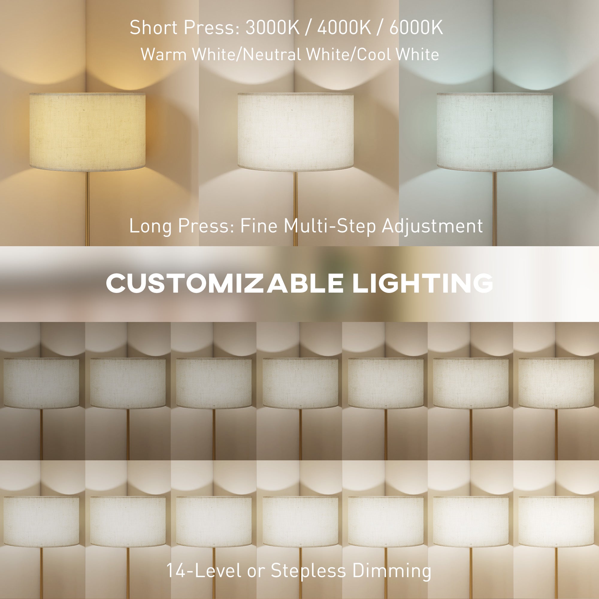 Kozy Floor Lamp with Remote, Height Adjustable Standing Lamp with Linen Shade, Dimmable with 3000K-6000K Adjustable Colour Temperatures, Foot Switch for Living Room Bedroom Office, Gold Tone