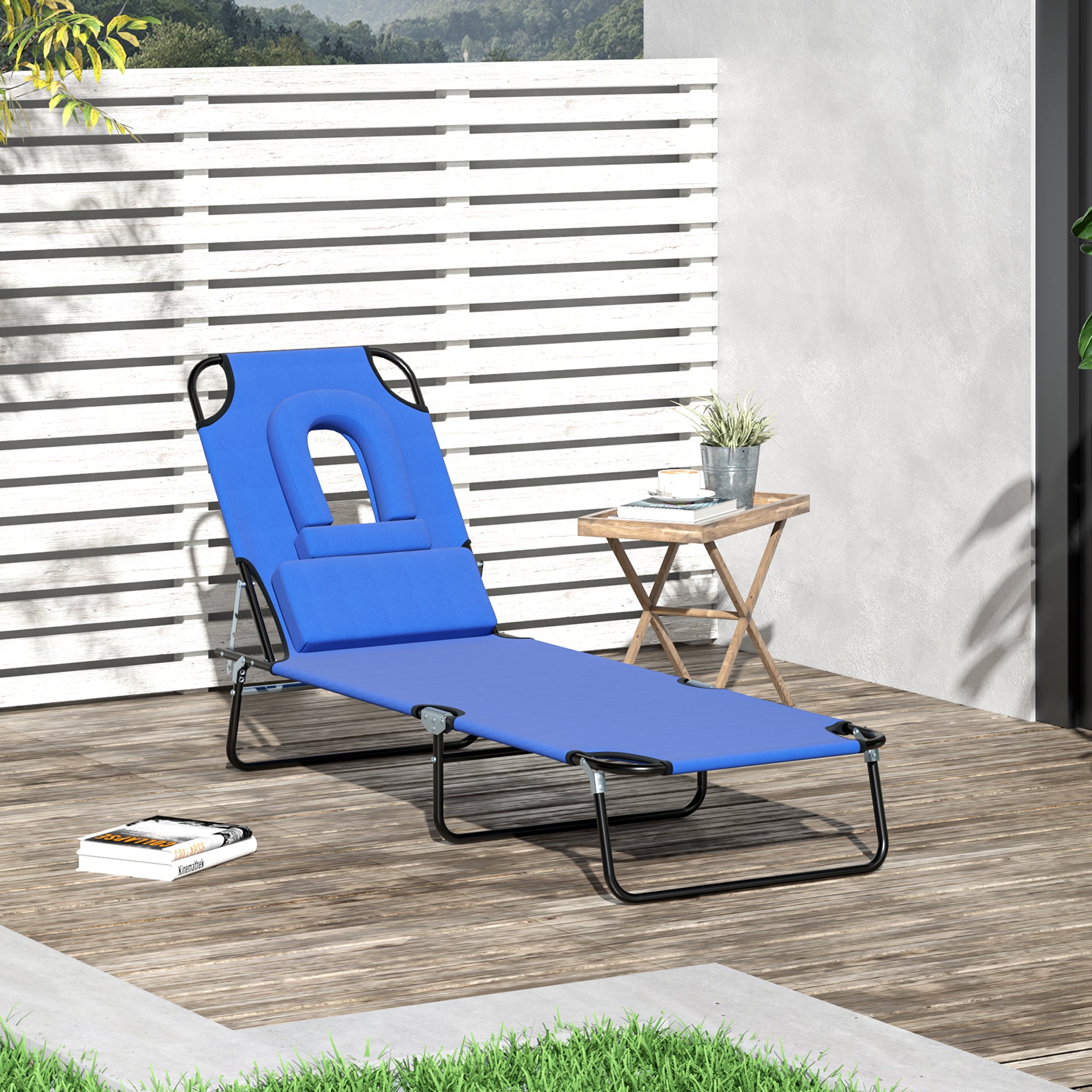 Outsunny Foldable Sun Lounger, Reclining Garden Chair with Pillow and Reading Hole, Adjustable, Blue