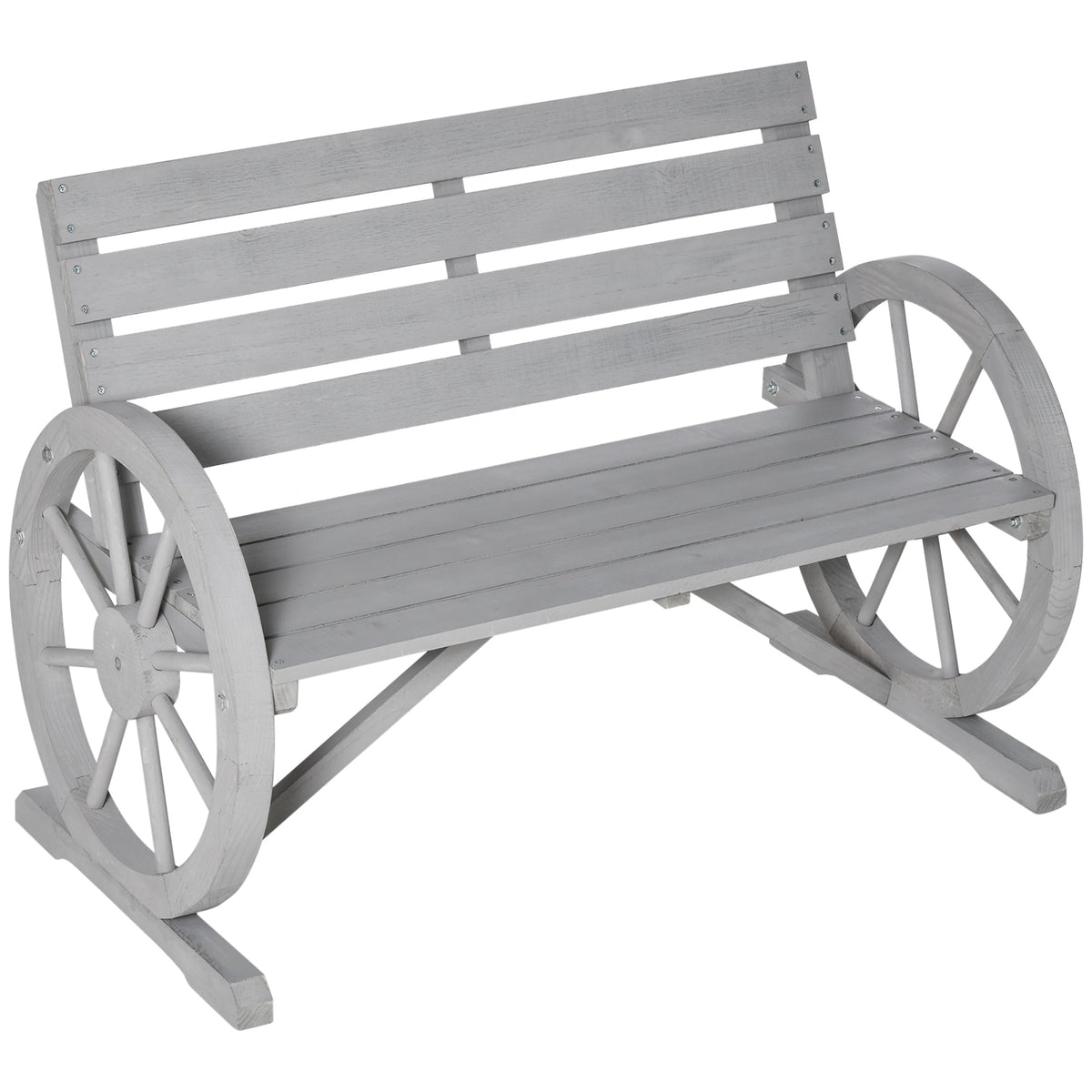 Kozy Wooden Cart Wagon Wheel 2 Seater Garden Bench Outdoor Garden Armrest Chair Rustic High Back Loveseat Grey