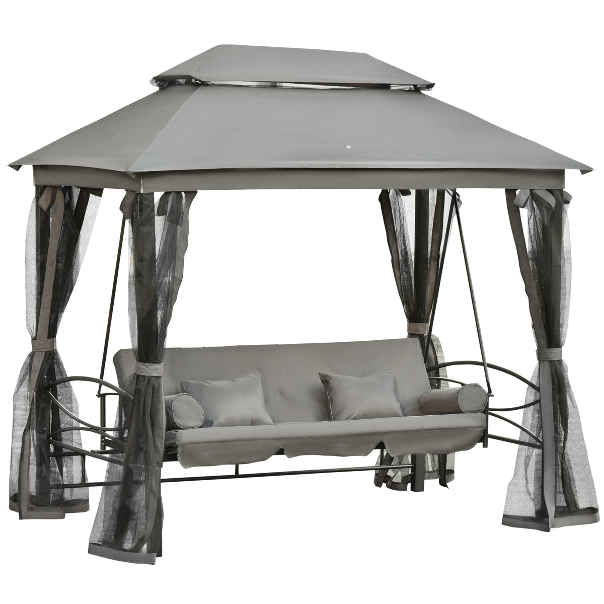 Kozy 3 Seater Swing Chair 3-in-1 Convertible Garden Swing Seat Bed Gazebo Patio Bench Outdoor with Double Tier Canopy, Cushioned Seat, Mesh Sidewalls, Grey