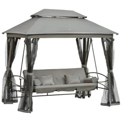 Kozy 3 Seater Swing Chair 3-in-1 Convertible Garden Swing Seat Bed Gazebo Patio Bench Outdoor with Double Tier Canopy, Cushioned Seat, Mesh Sidewalls, Grey