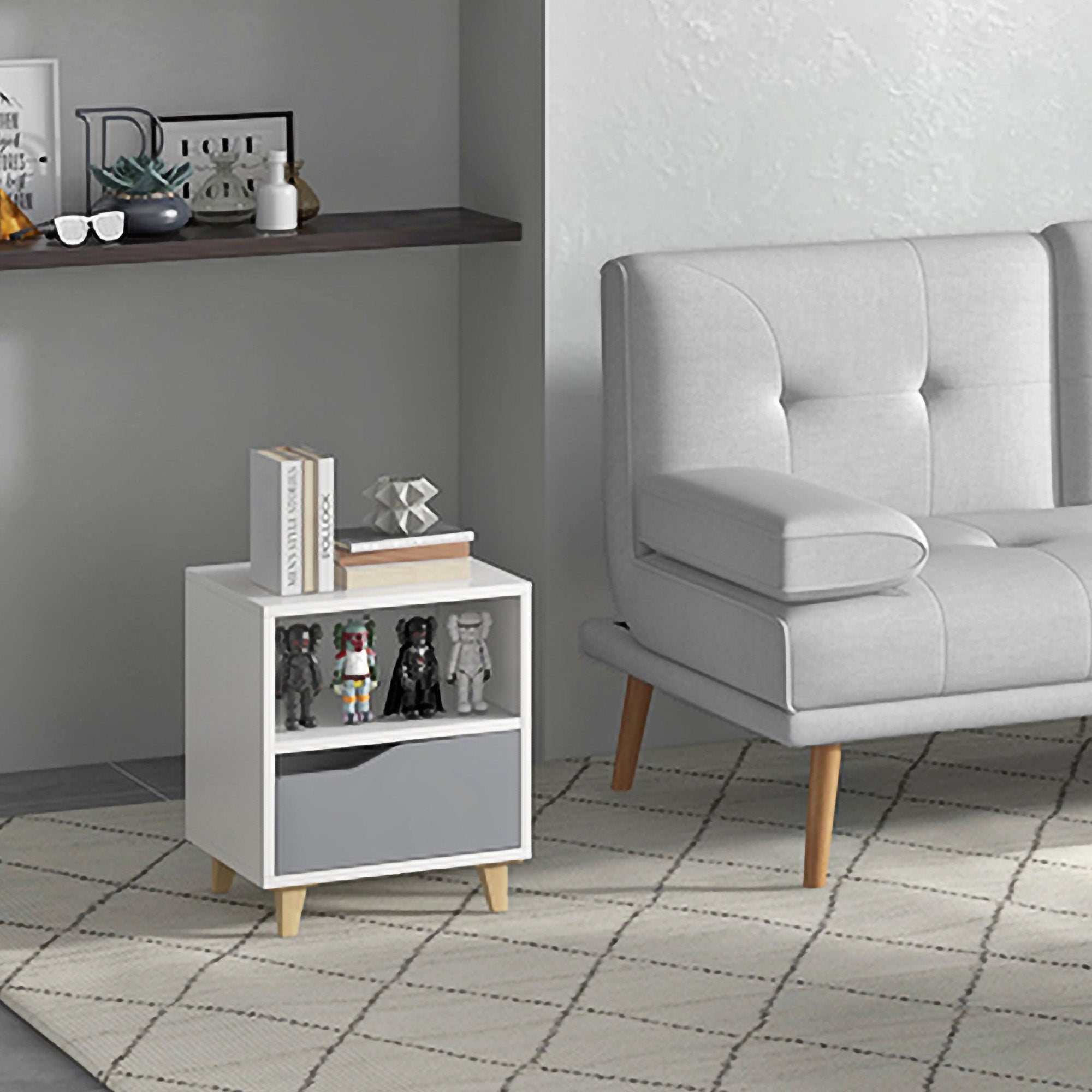 Kozy Modern Bedside Table, Side End Table with Shelf, Drawer and Wood Legs, 36.8cmx33cmx43.8cm, White and Grey